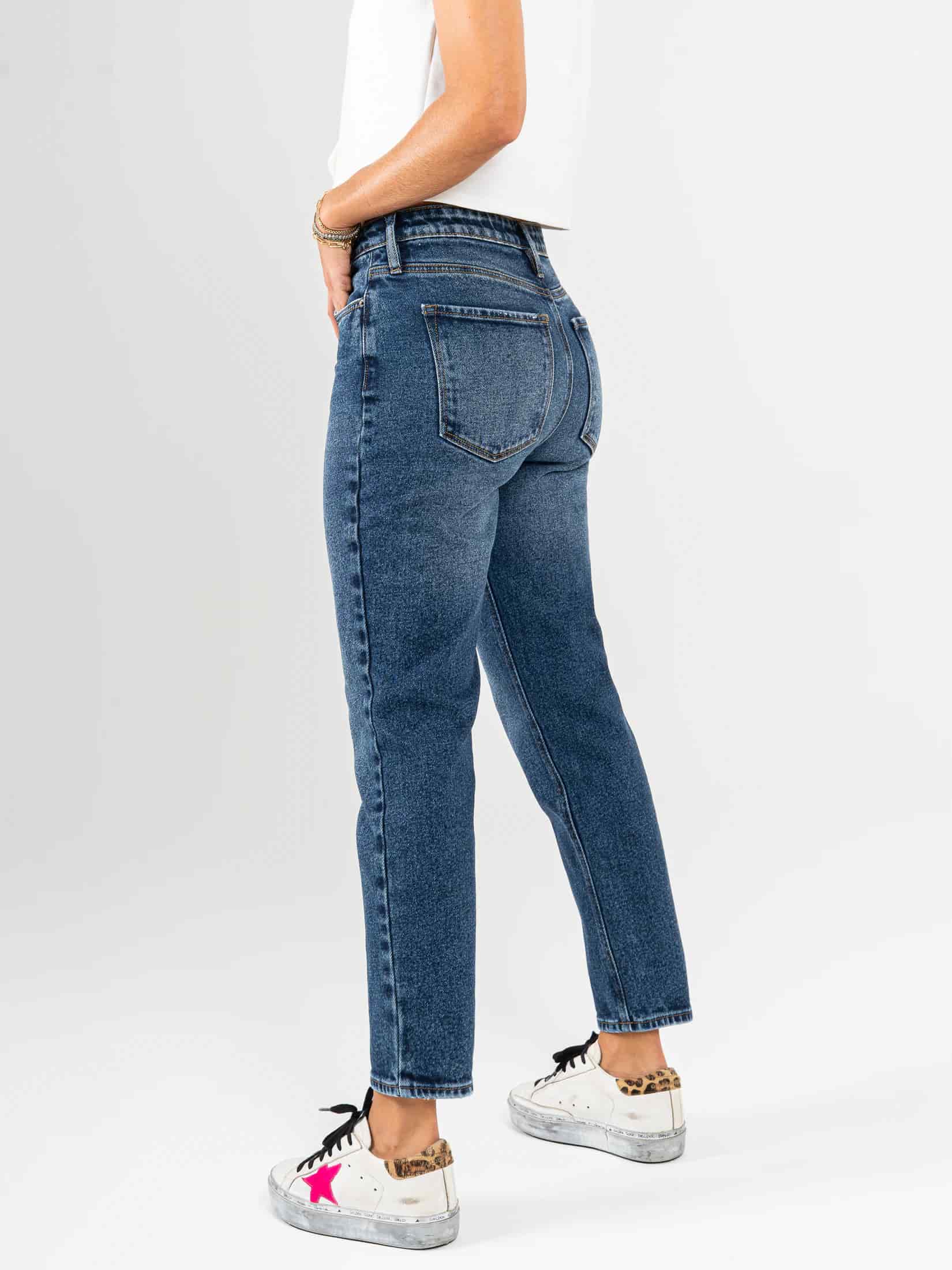 Ref: 065577 Jean Mom fit, slim cropped, stretch, tiro alto, tono azul oscuro - miniatura 2