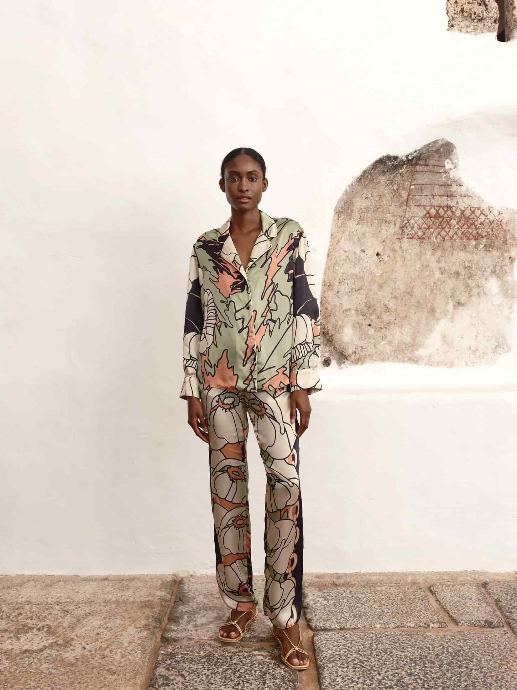 Noches De Luna Satin Silk Shirt / Sage Gladiolos Garden - miniatura 2