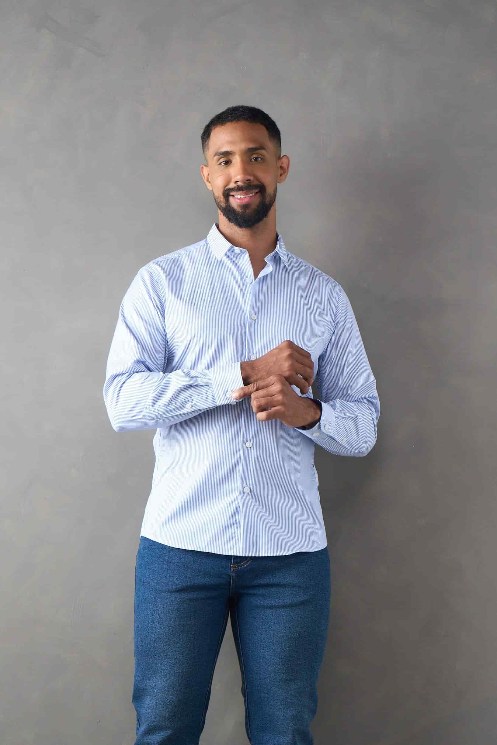 Camisa a rayas slim fit azul medio - miniatura 1