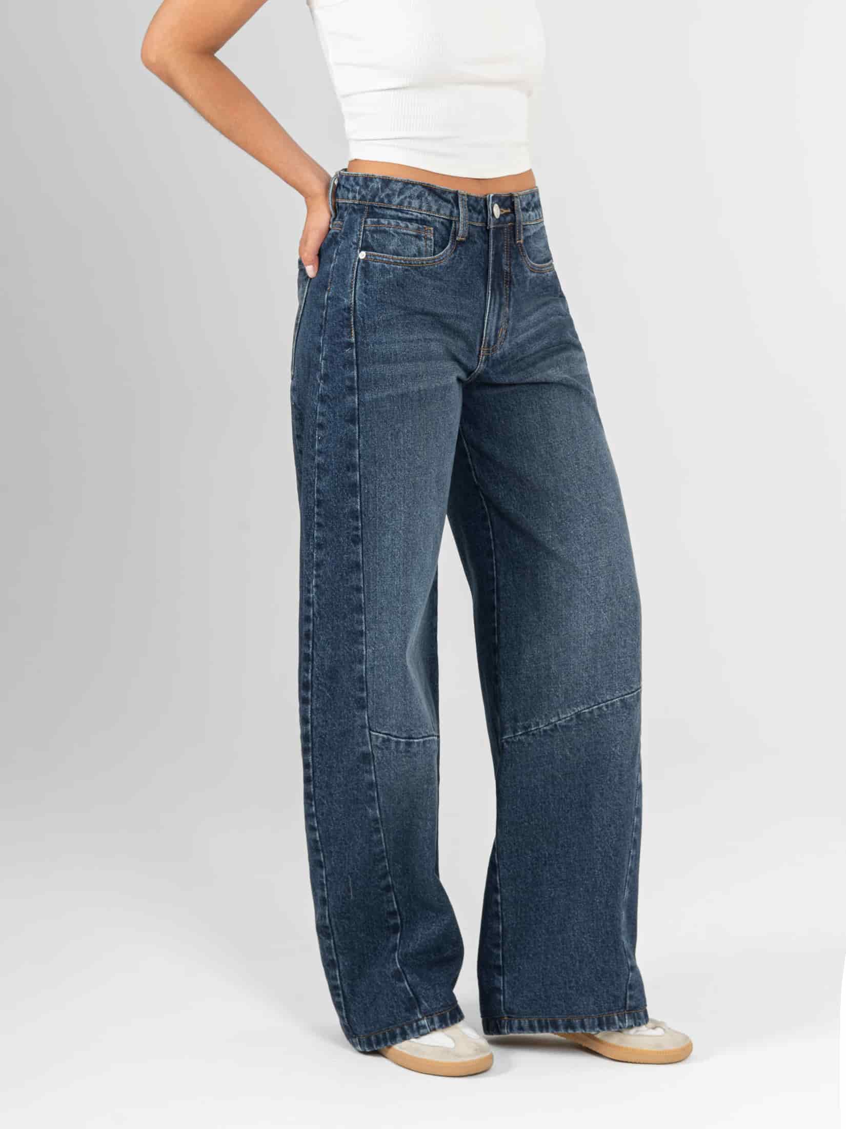 Ref: 066447 Jean wide leg, rígido, tiro alto, con cortes, tono azul oscuro - miniatura 4