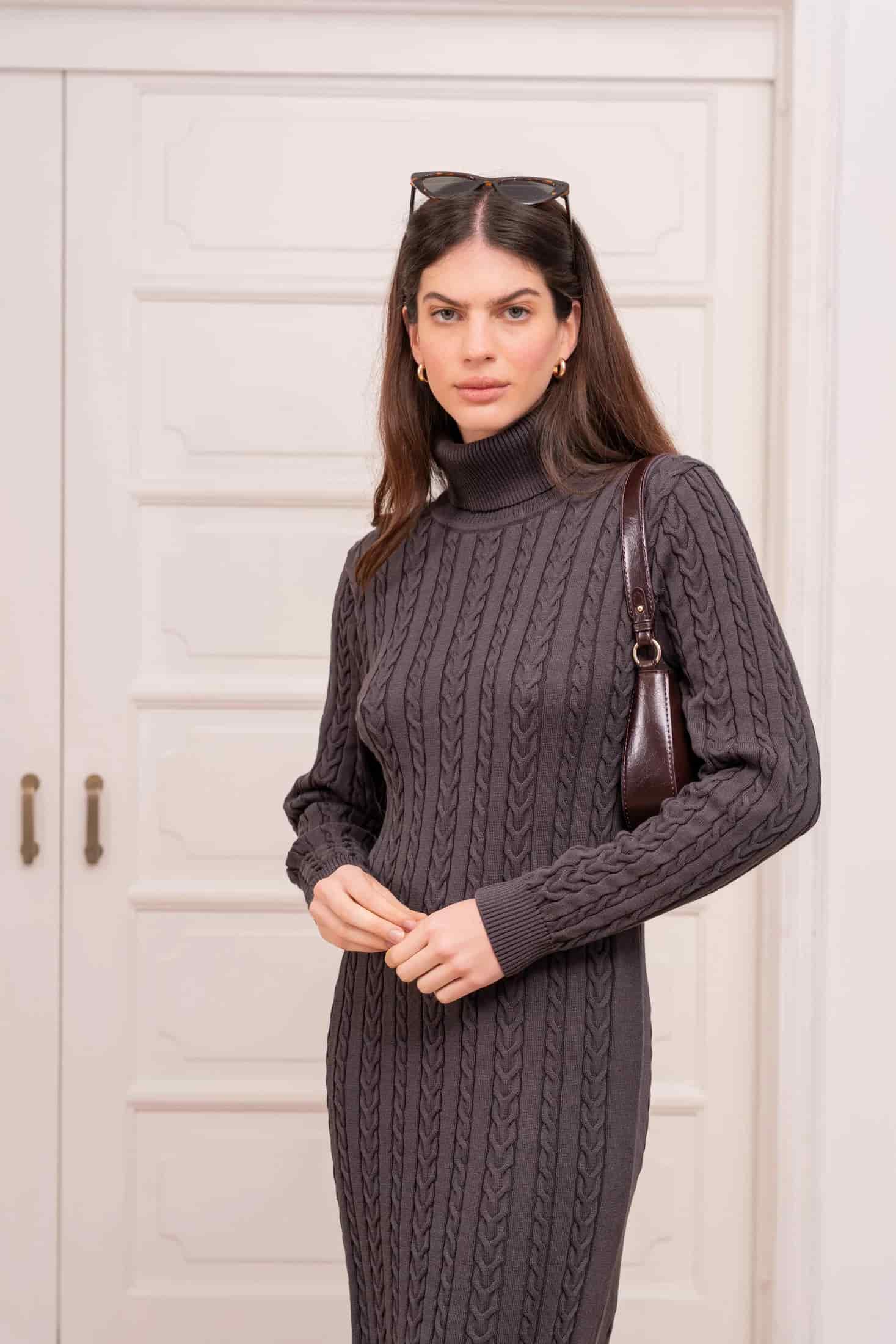 Vestido trenzado cuello tortuga Mujer Tabaco - miniatura 1