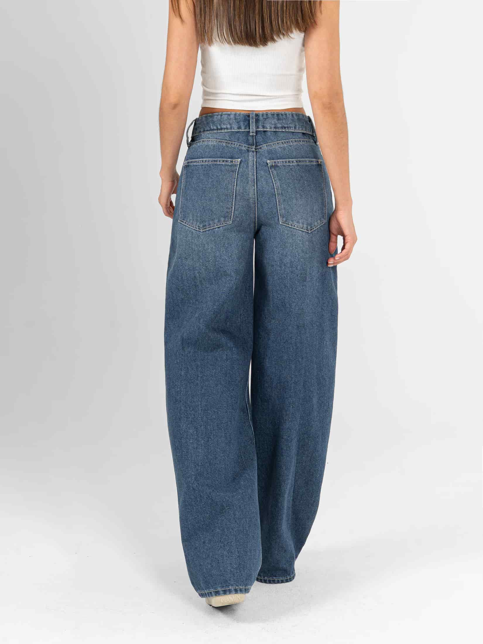 Ref: 066570 Jean wide leg, rígido, tiro medio, detalle en pretina, tono azul medio oscuro - miniatura 2