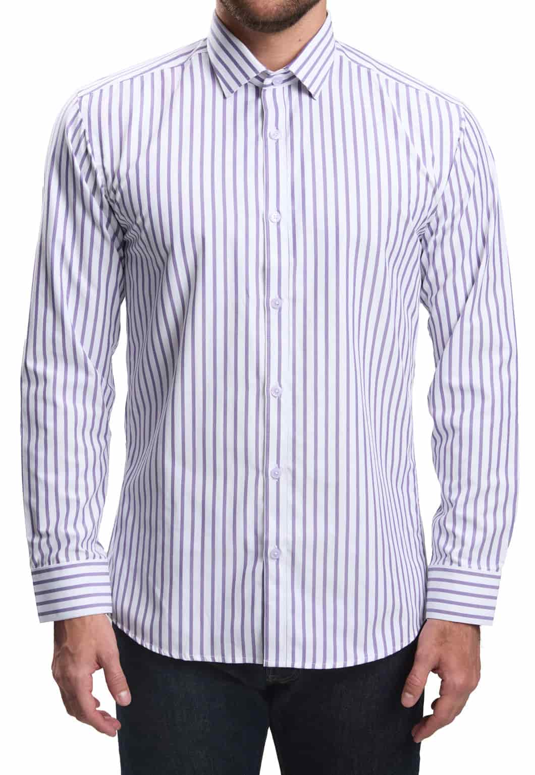 Camisa casual slim fit blanca a rayas lila - miniatura 3
