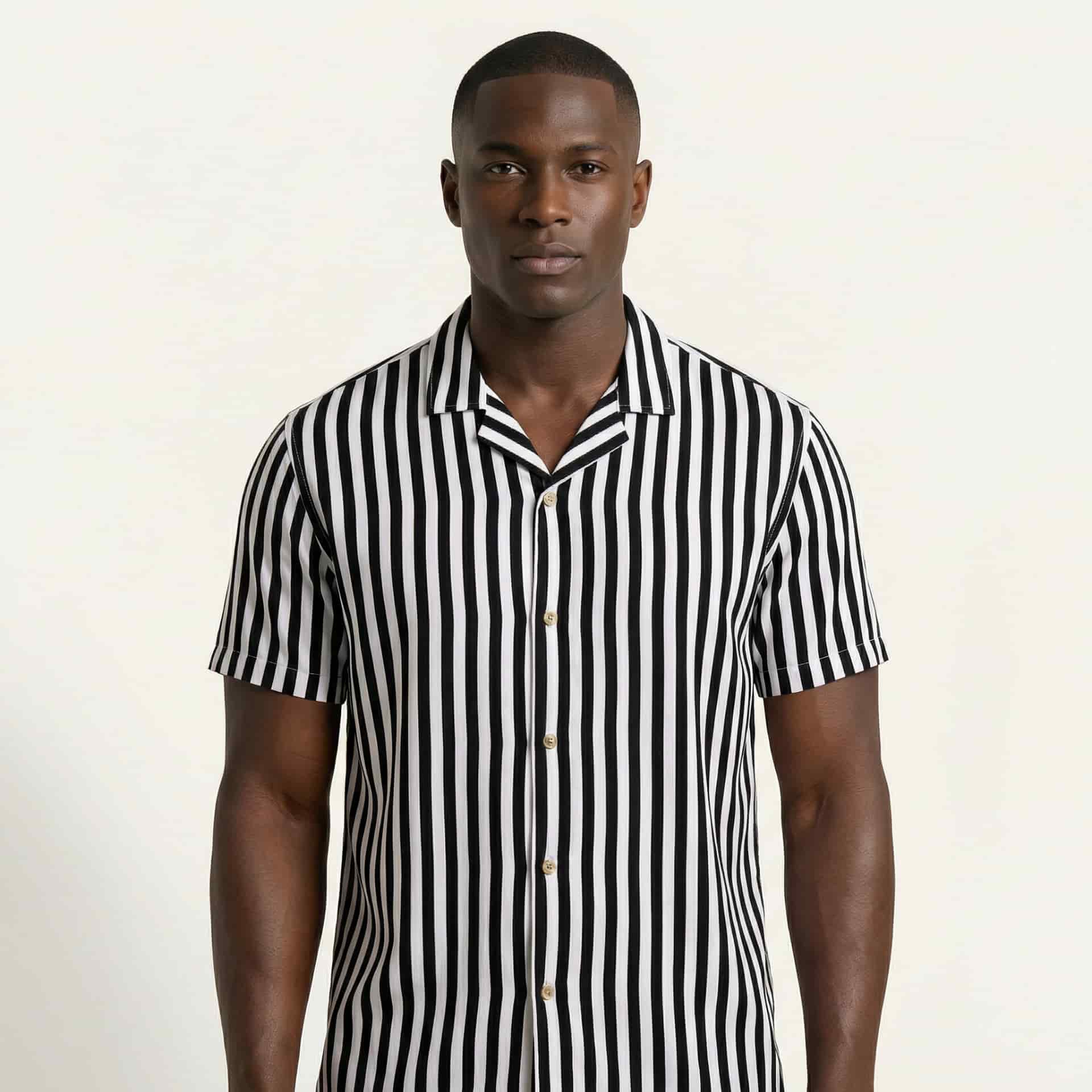 Camisa Bowling Rayada Blanco/Negro C201 - miniatura 1