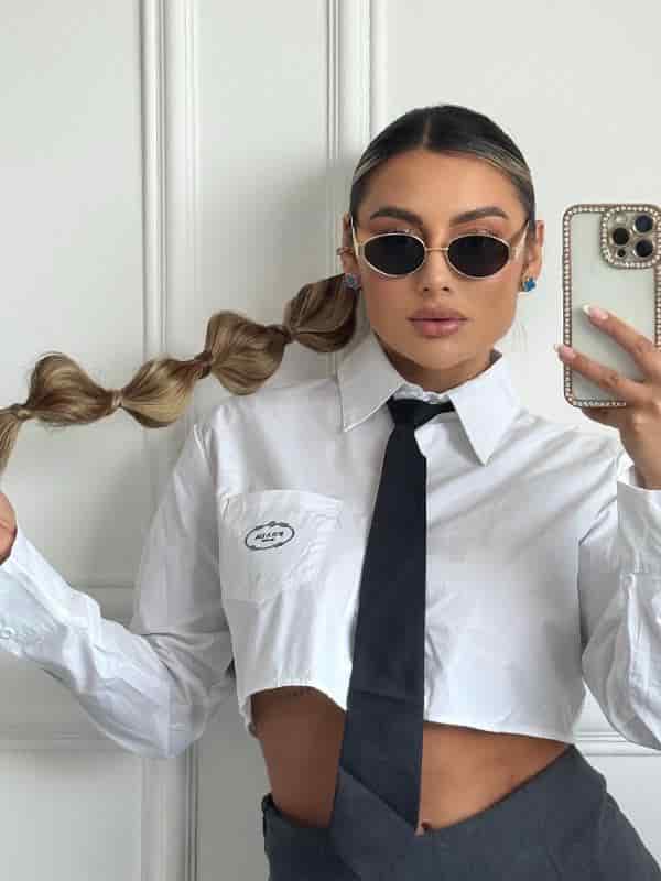 CAMISERA PRADA CORTA BLANCA CON CORBATA - miniatura 1