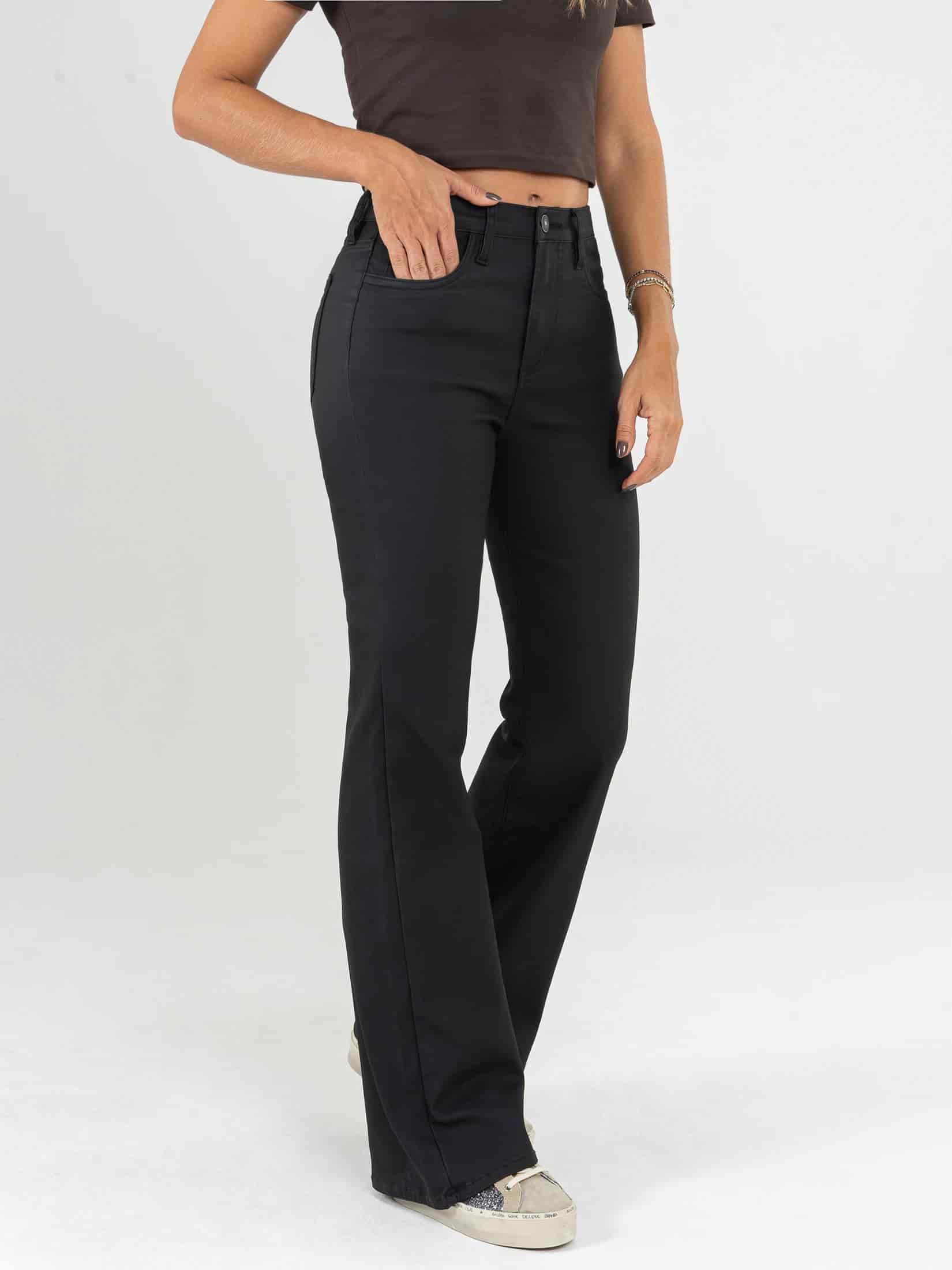 Ref: 065963 Pantalón flare stretch, bota ancha, efecto cuero, tiro alto, tono negro. - miniatura 5