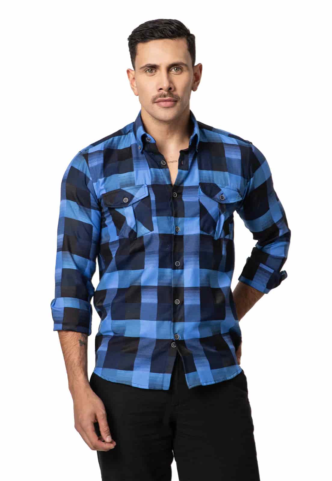Camisa leñadora doble bolsillo azul a cuadros - miniatura 2