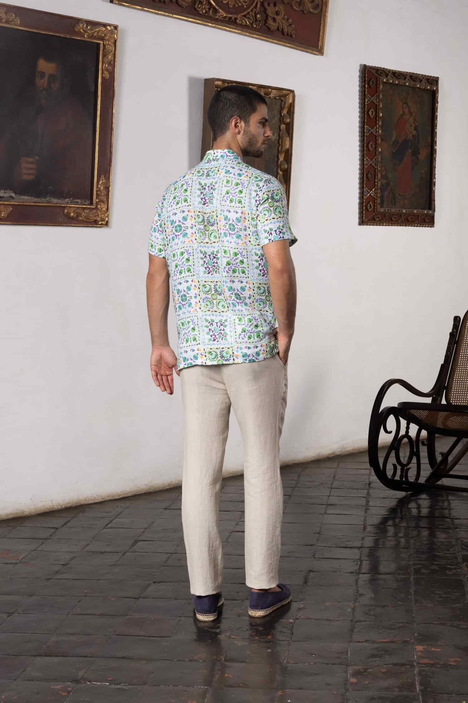 Men's linen shirt green suzani - miniatura 11