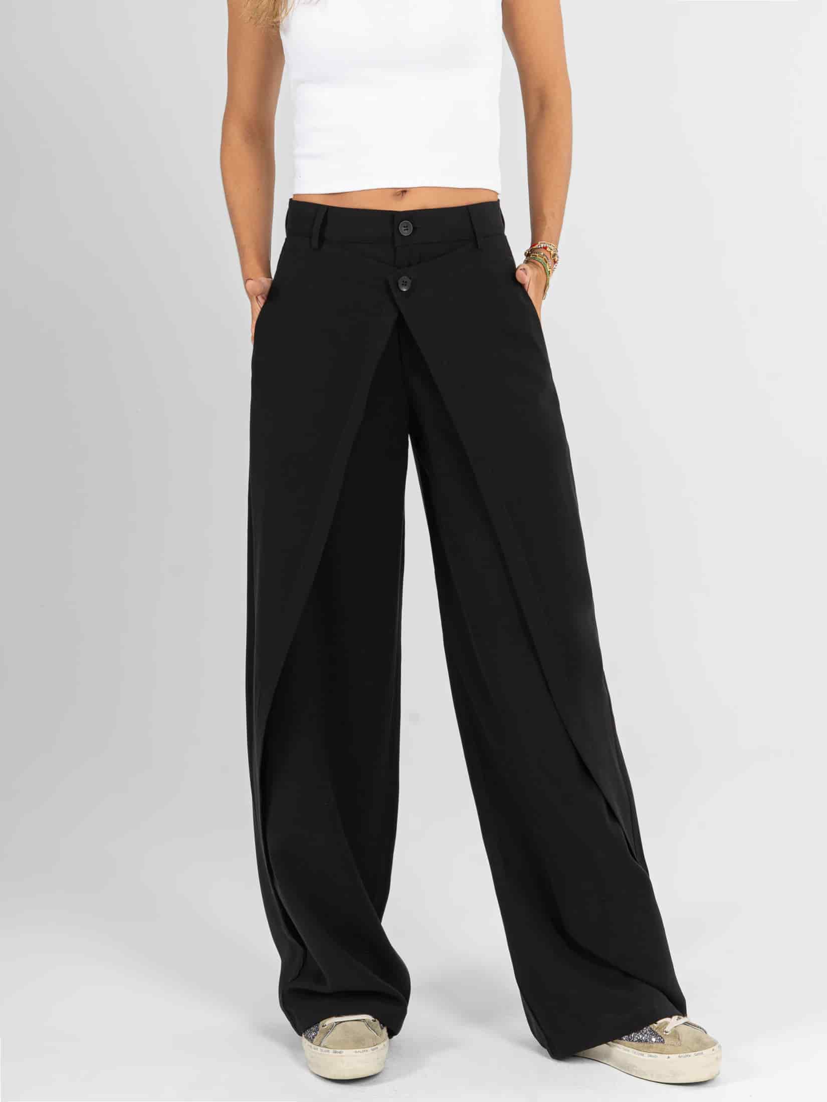 Ref: 0620549 Pantalón wide leg, tejido plano liviano, tiro alto, detalle delantero, tono negro - miniatura 1