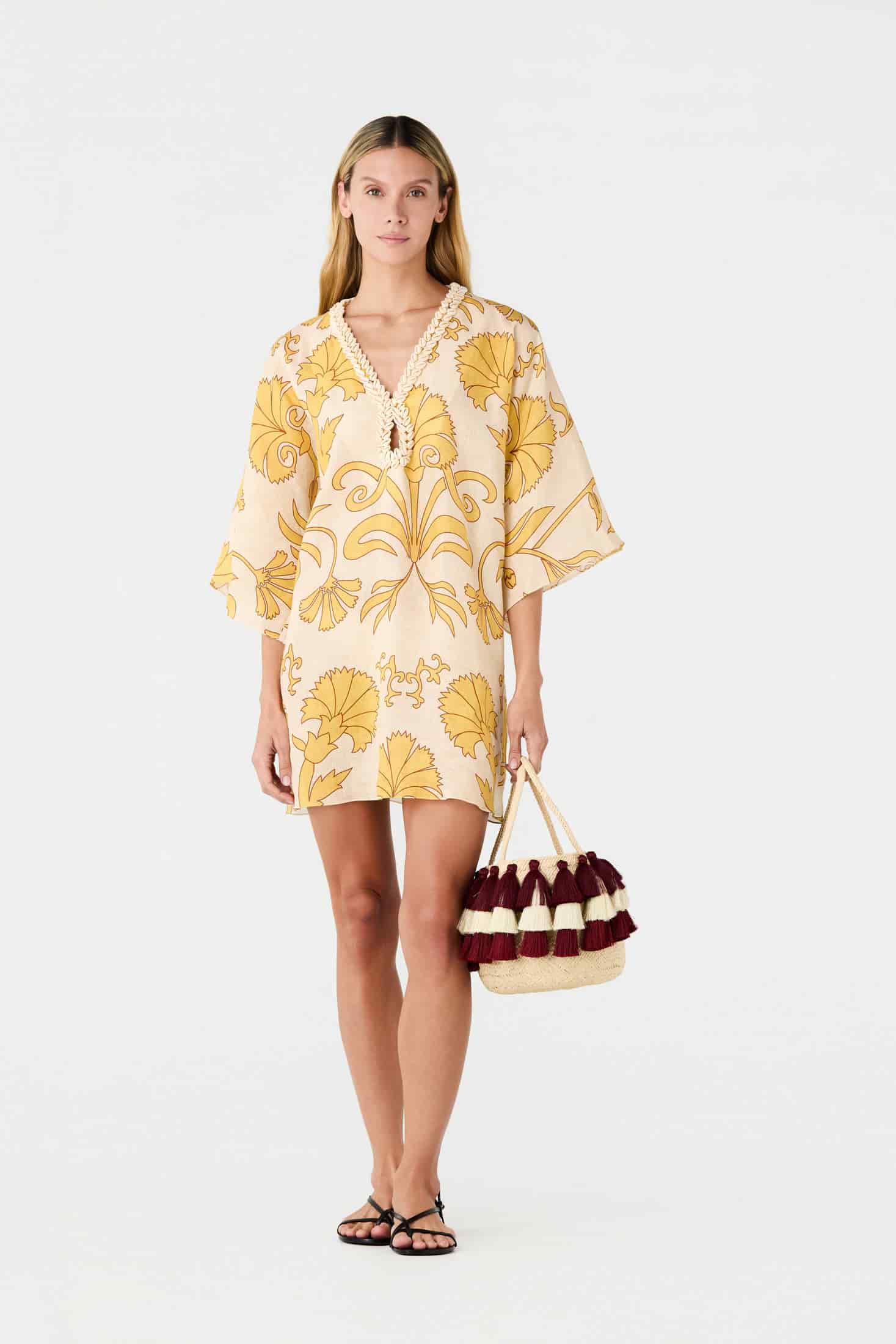 Andina Hand-Embroidered Linen Mini Tunic / Yellow Flowers - miniatura 1
