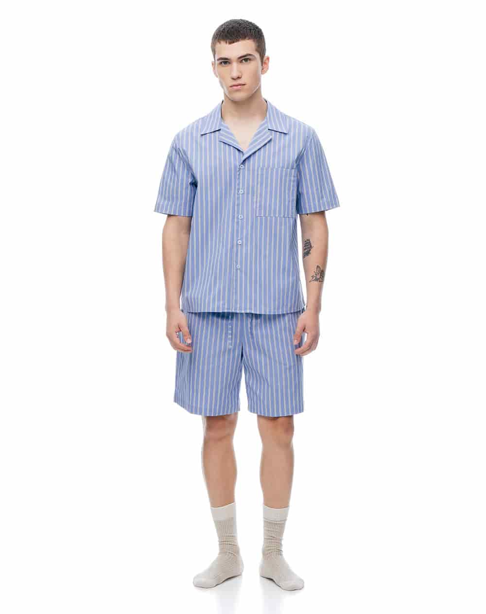 Camisa + bermuda de pijama algodón azul con rayas hombre - miniatura 3