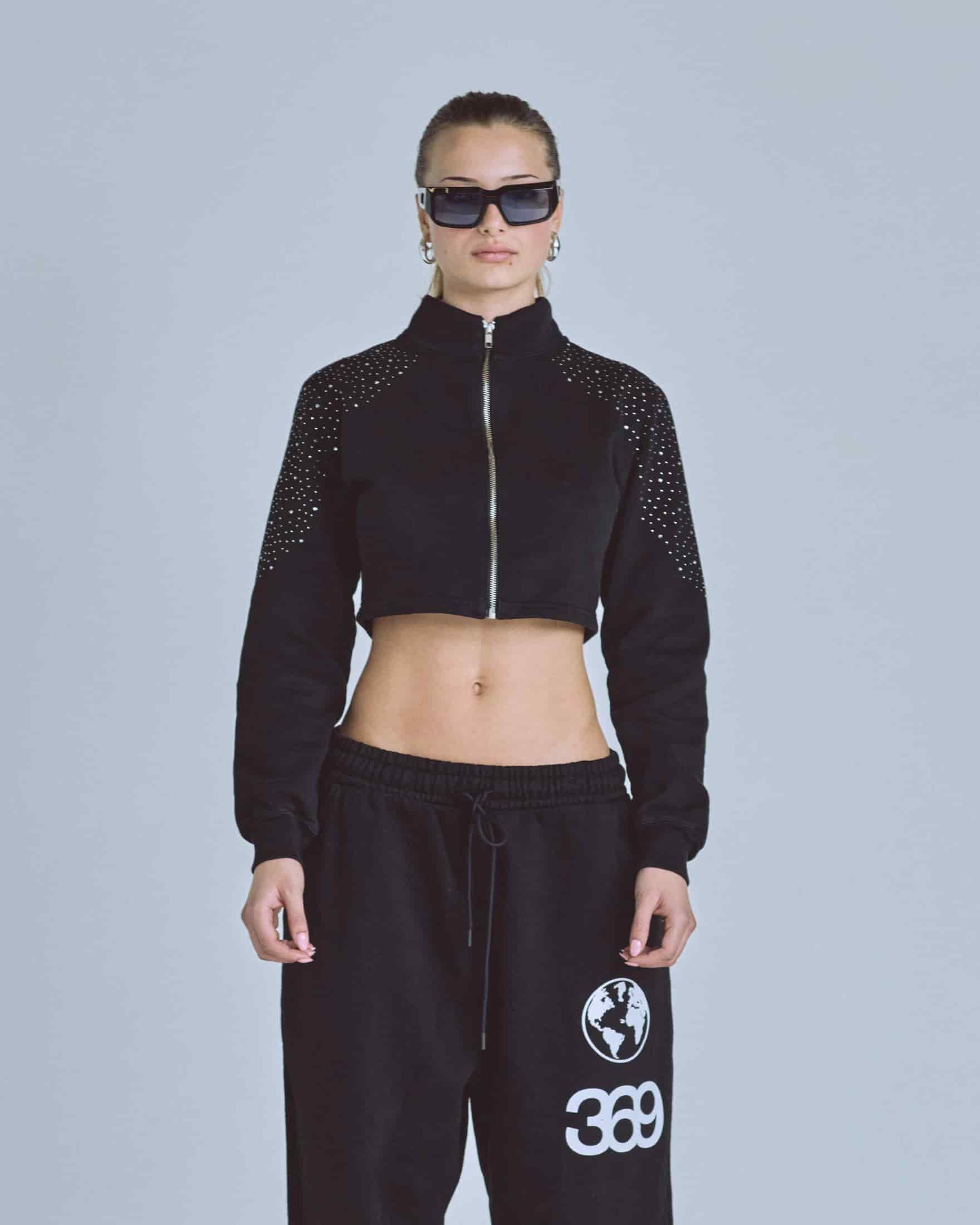 W Golden Heritage Slim Fit Zip Up Pearled Cropped Crewneck Black - miniatura 2