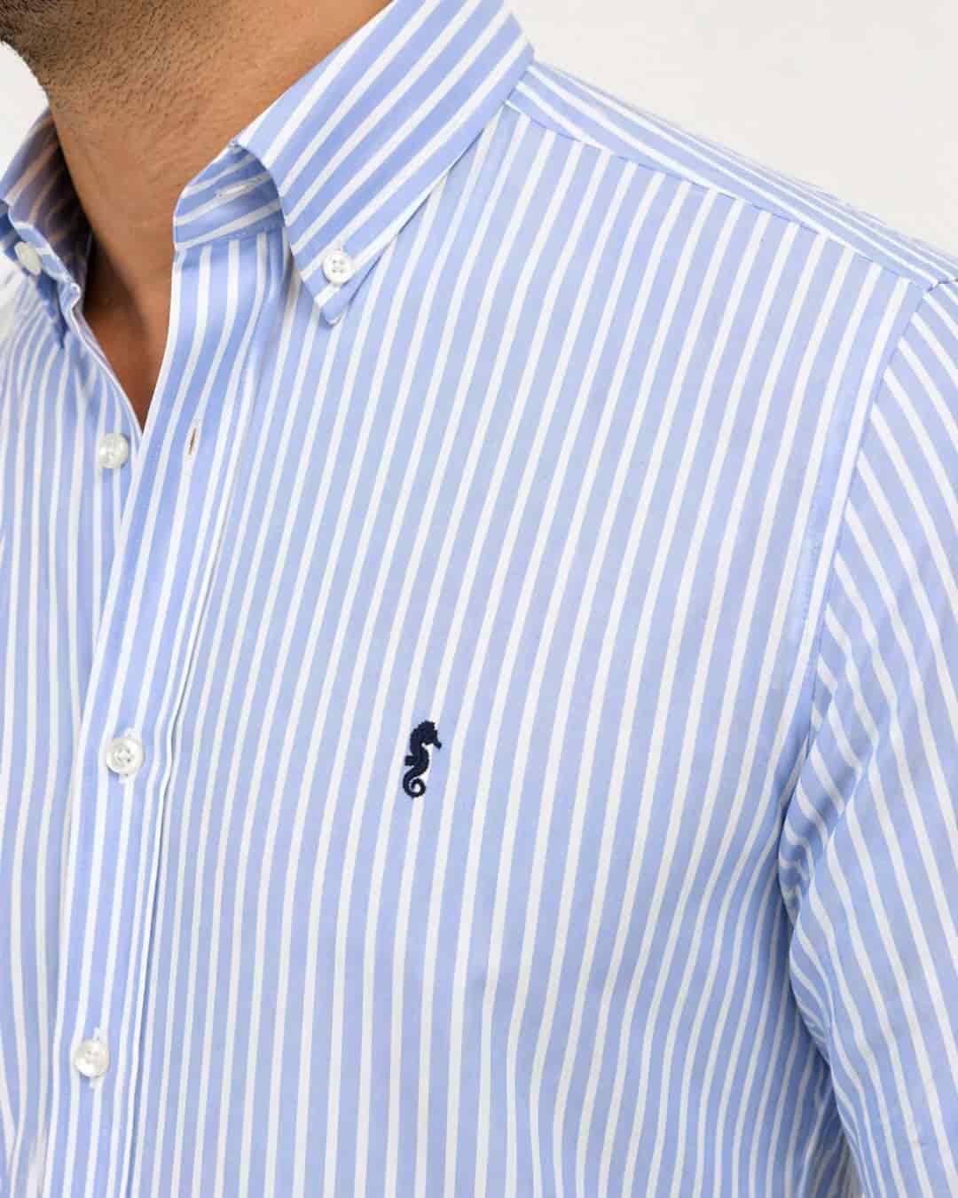 Camisa 100% Algodón Manga Larga Azul Claro Rayas Blancas - miniatura 2