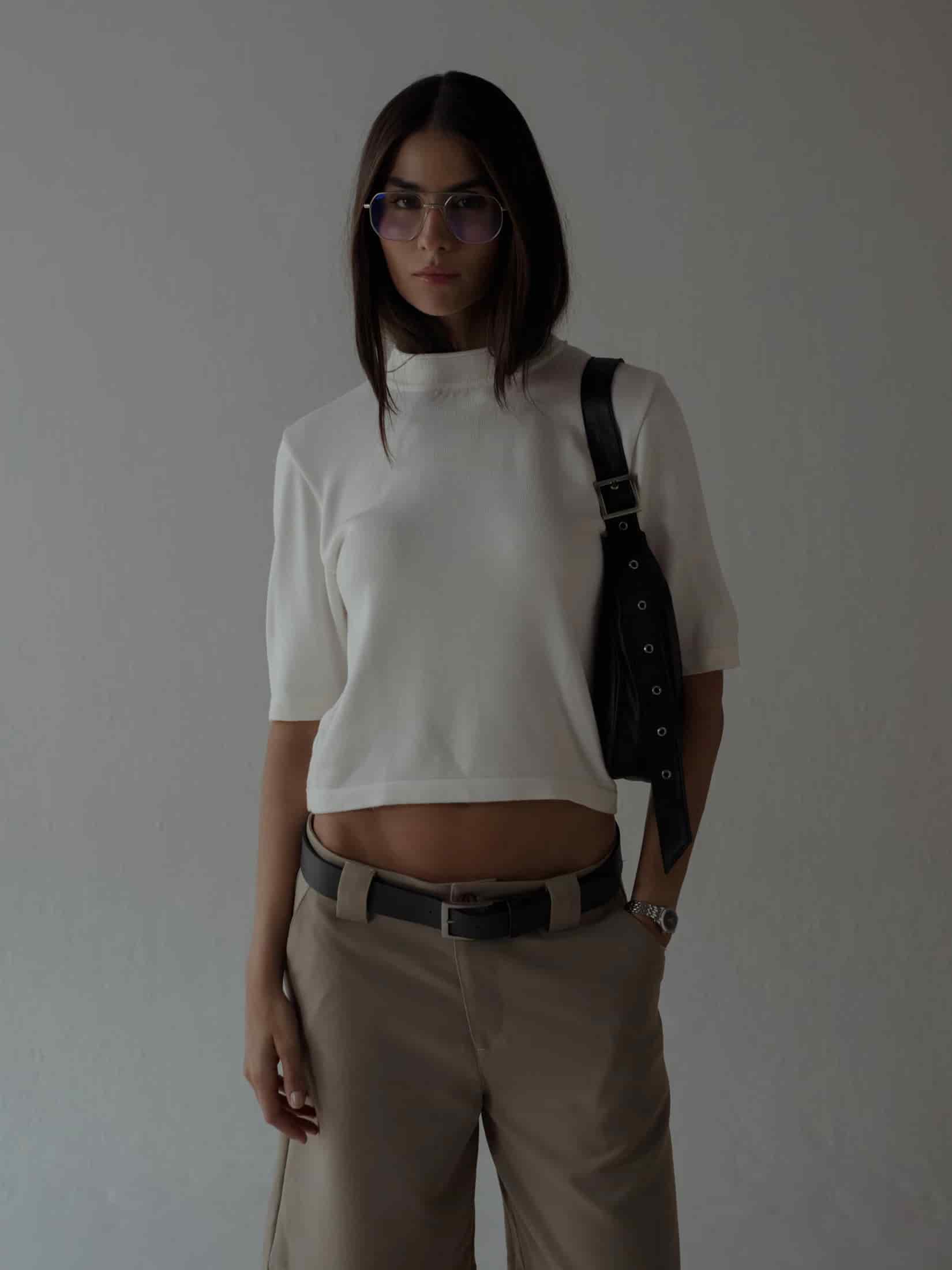 TALL COLLAR KNIT T-SHIRT - VANILLA - miniatura 1