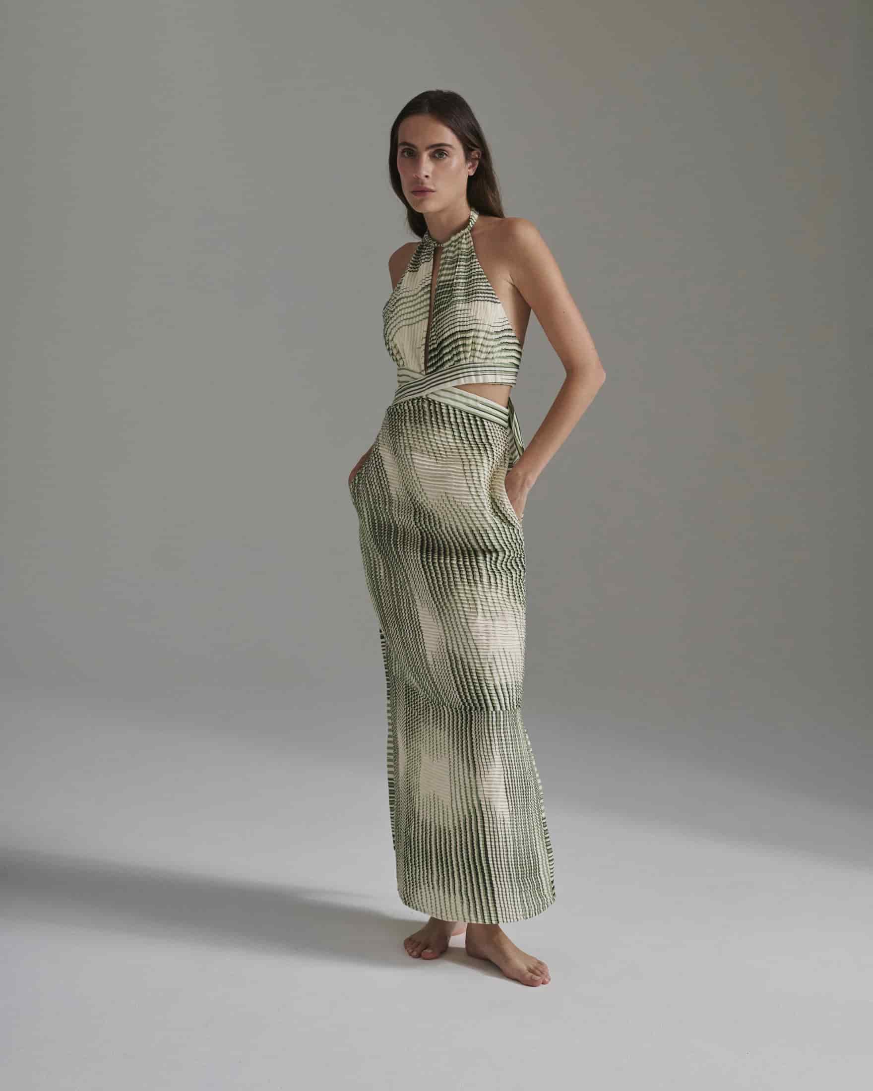 San Agustin Pleated Linen Midi Dress / Green Stripes - miniatura 1