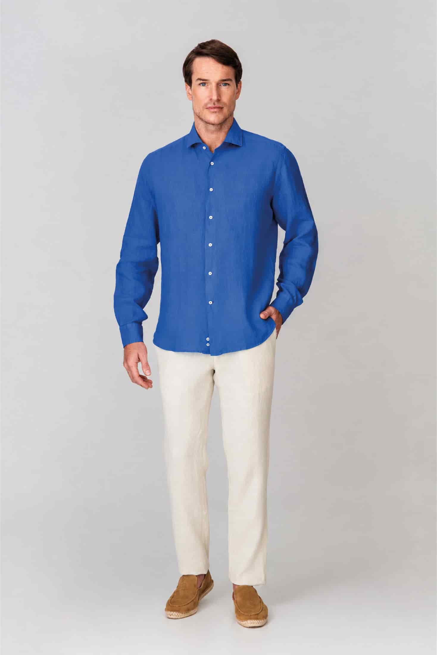 Men's linen shirt sky blue basic - miniatura 1