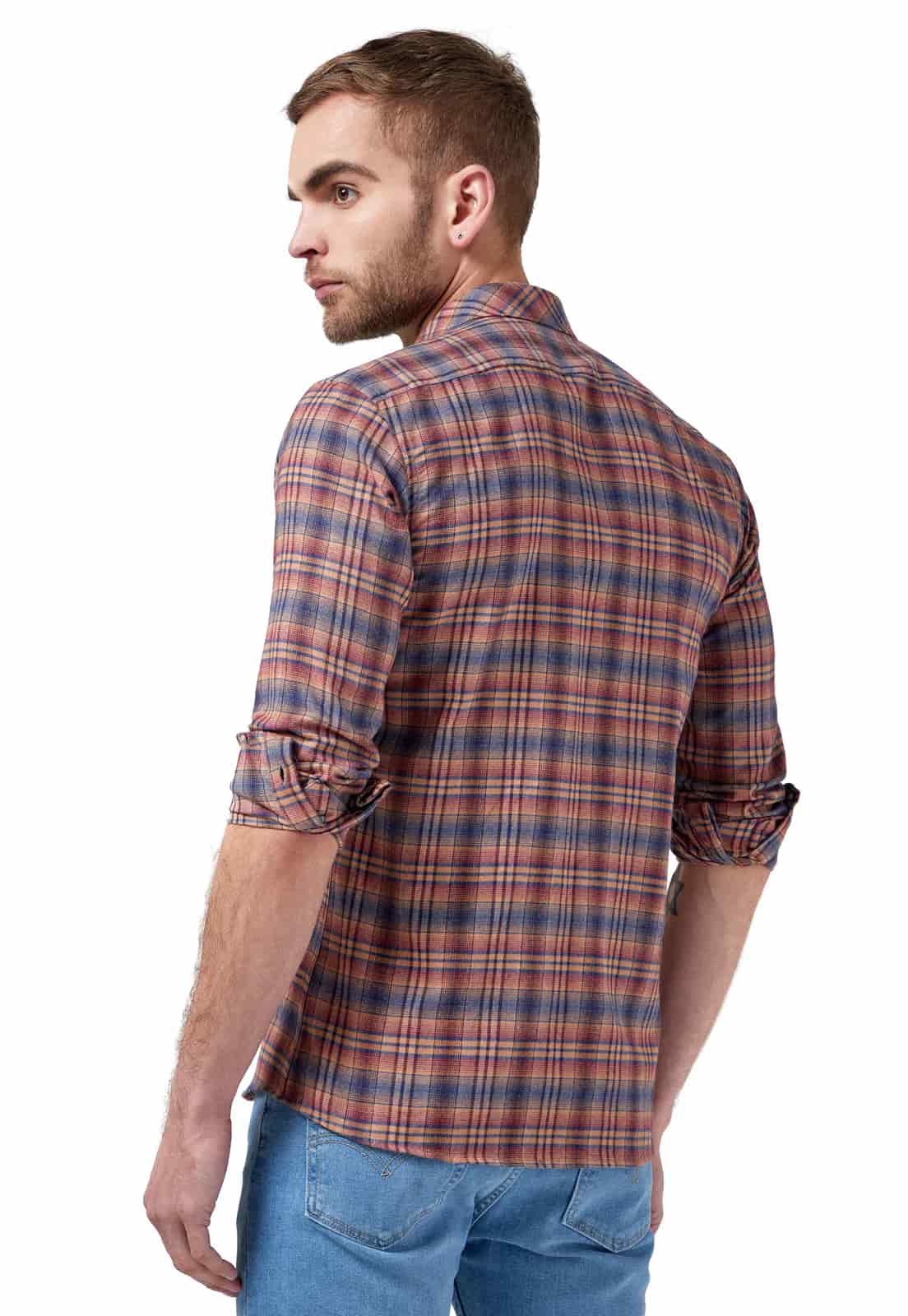 Camisa leñadora camel con rayas rojas y azules un bolsillo - miniatura 4