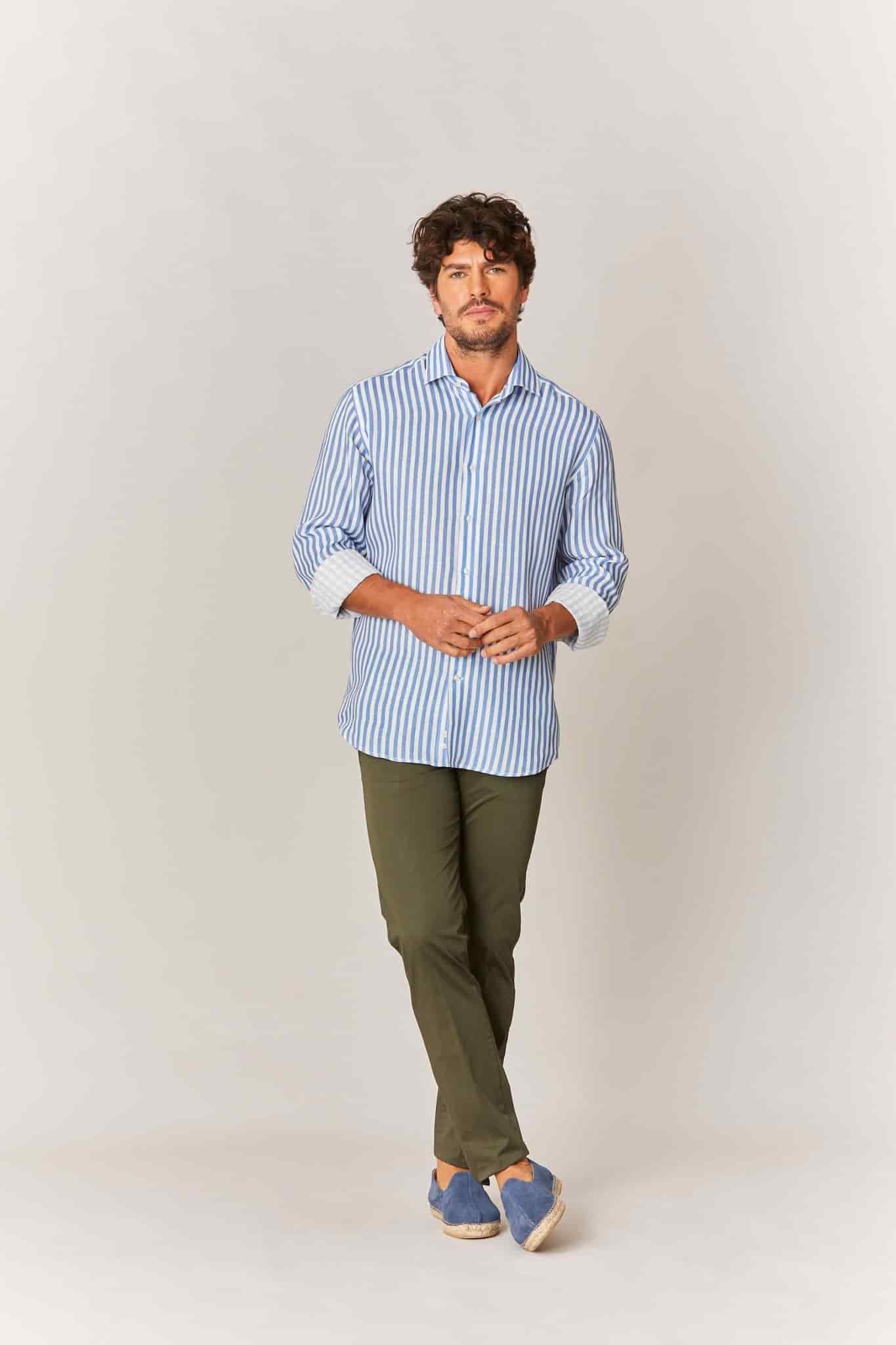 Men's linen shirt sky blue striped - miniatura 2