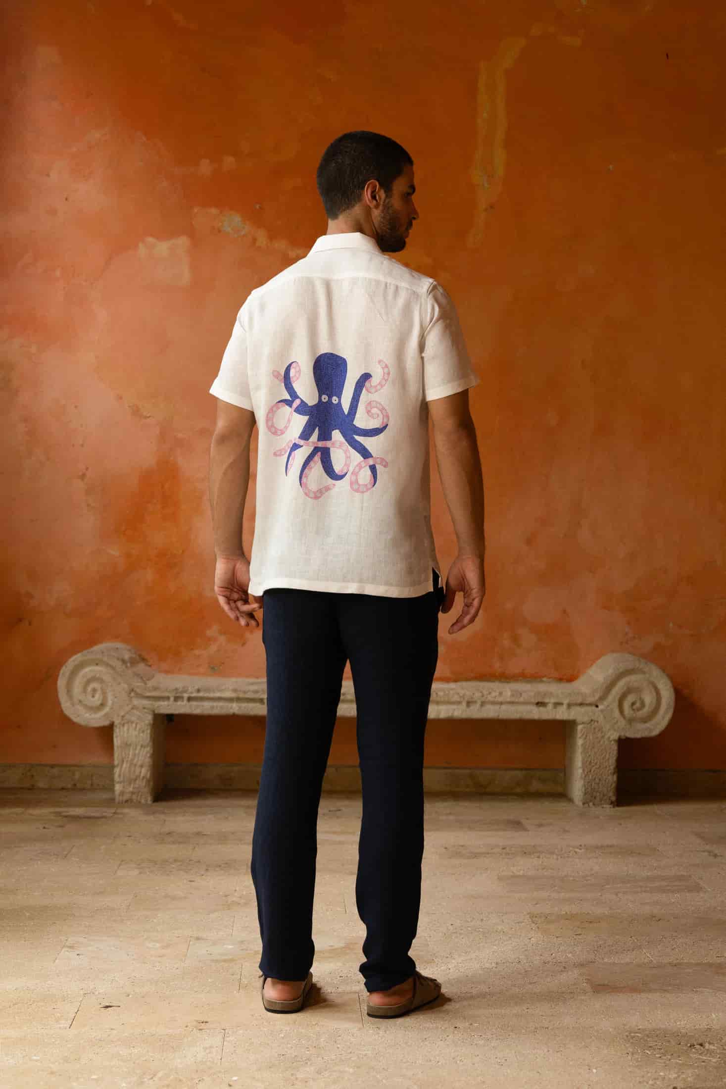 Men's linen shirt white octopus - miniatura 2
