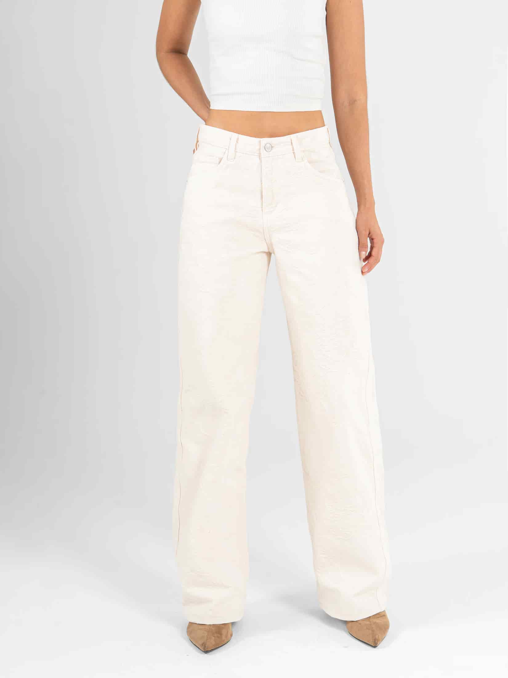 Ref: 0620600 Pantalón wide leg, rígido, tiro medio, tela bordada, tono natural - miniatura 1