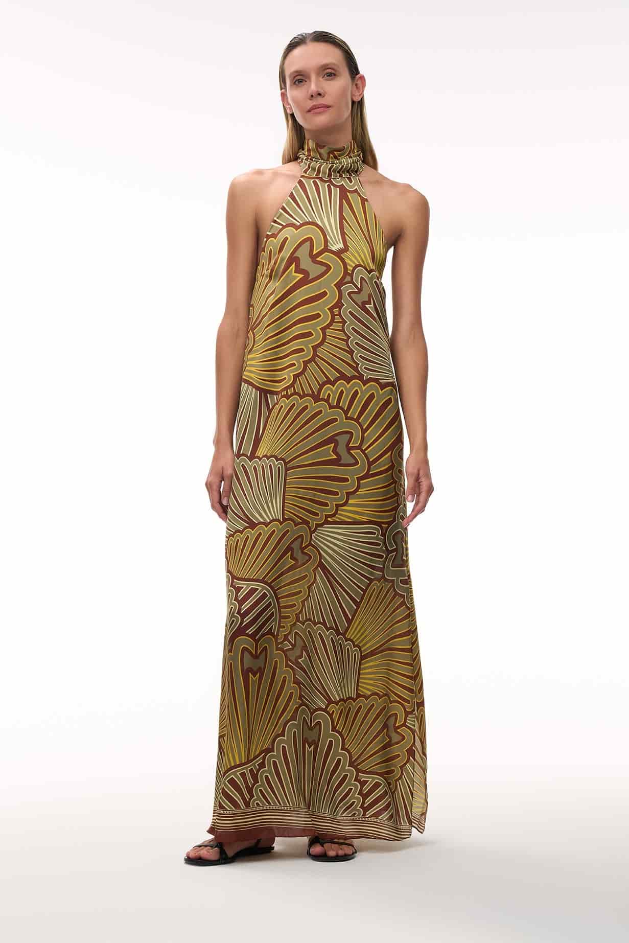 Costa Pacifica Satin Silk Midi Dress / Yellow Intricate Shells - miniatura 2