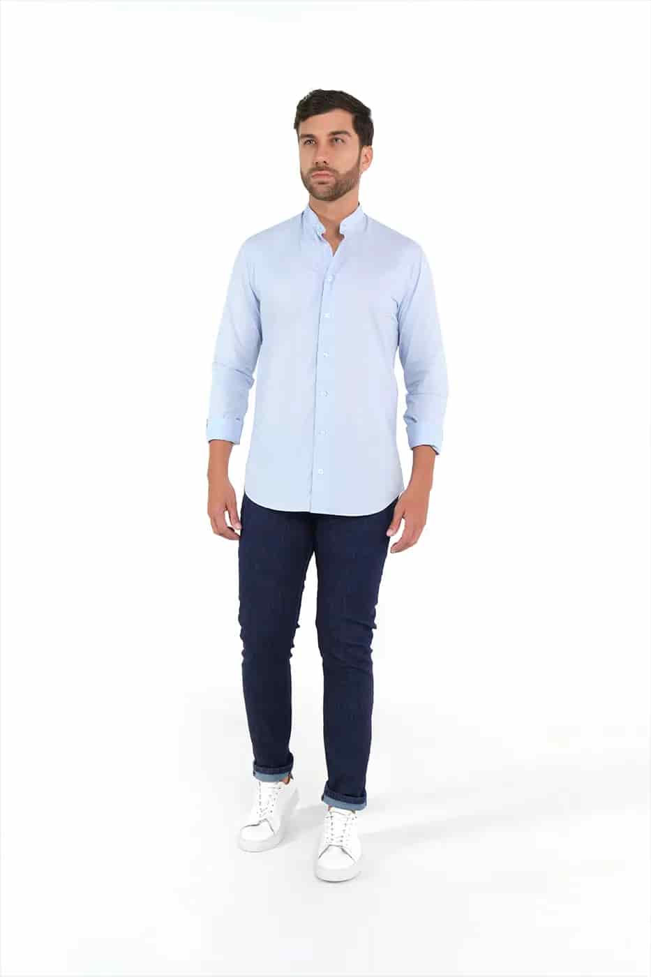 Camisa Cuello Nerú Slim Fit 100% Algodón Azul Claro - miniatura 2