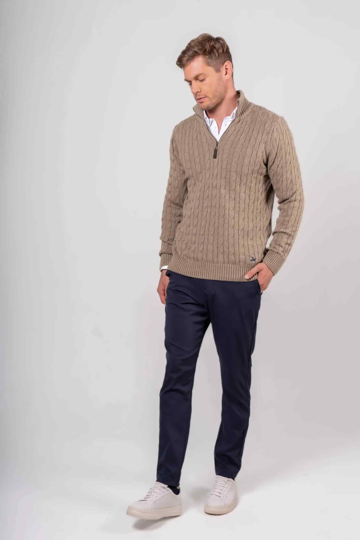 Suéter Halfzip Trenzado Hombre Camel - miniatura 5