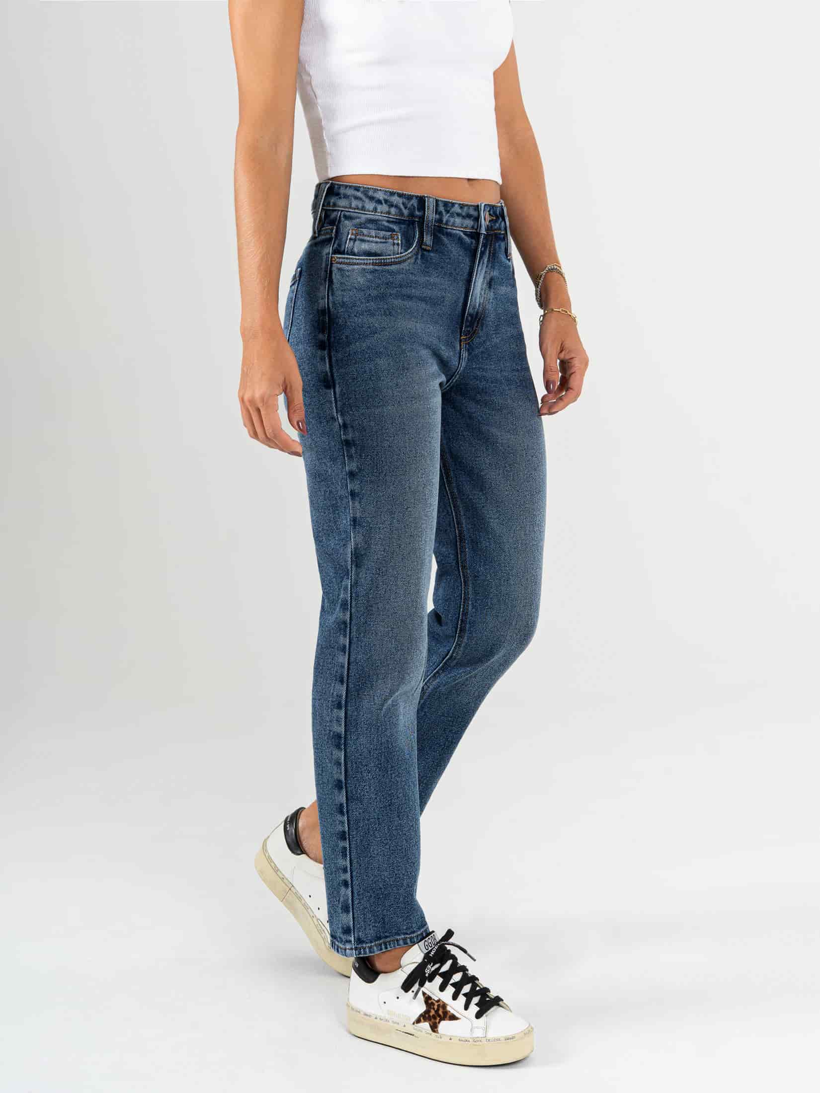 Ref: 065802 Jean Mom fit, slim cropped, stretch, tiro alto, tono azul medio oscuro - miniatura 3