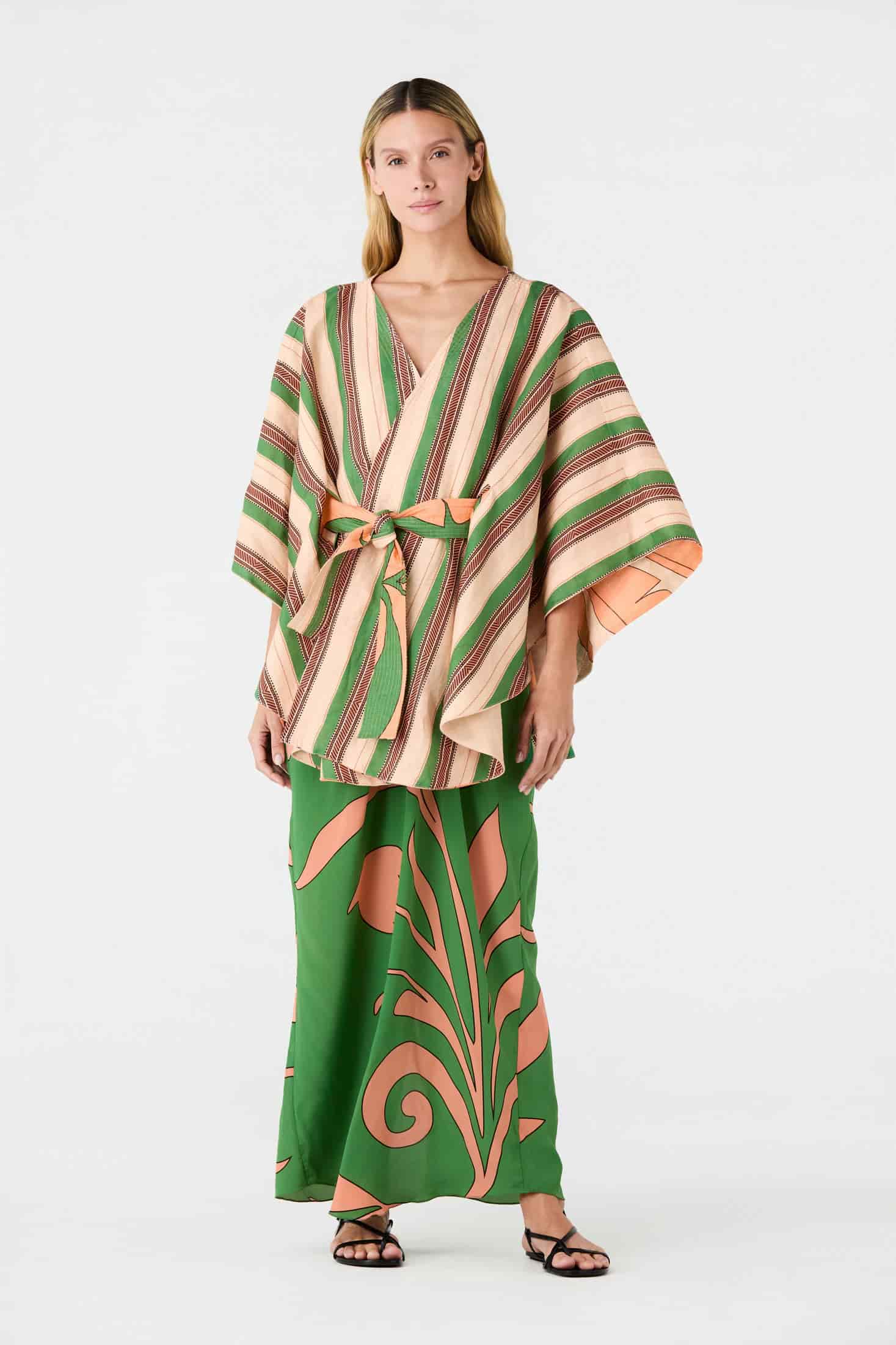 Cavalo Linen Poncho / Peach Palms - Green Artisanal Stripes - miniatura 2
