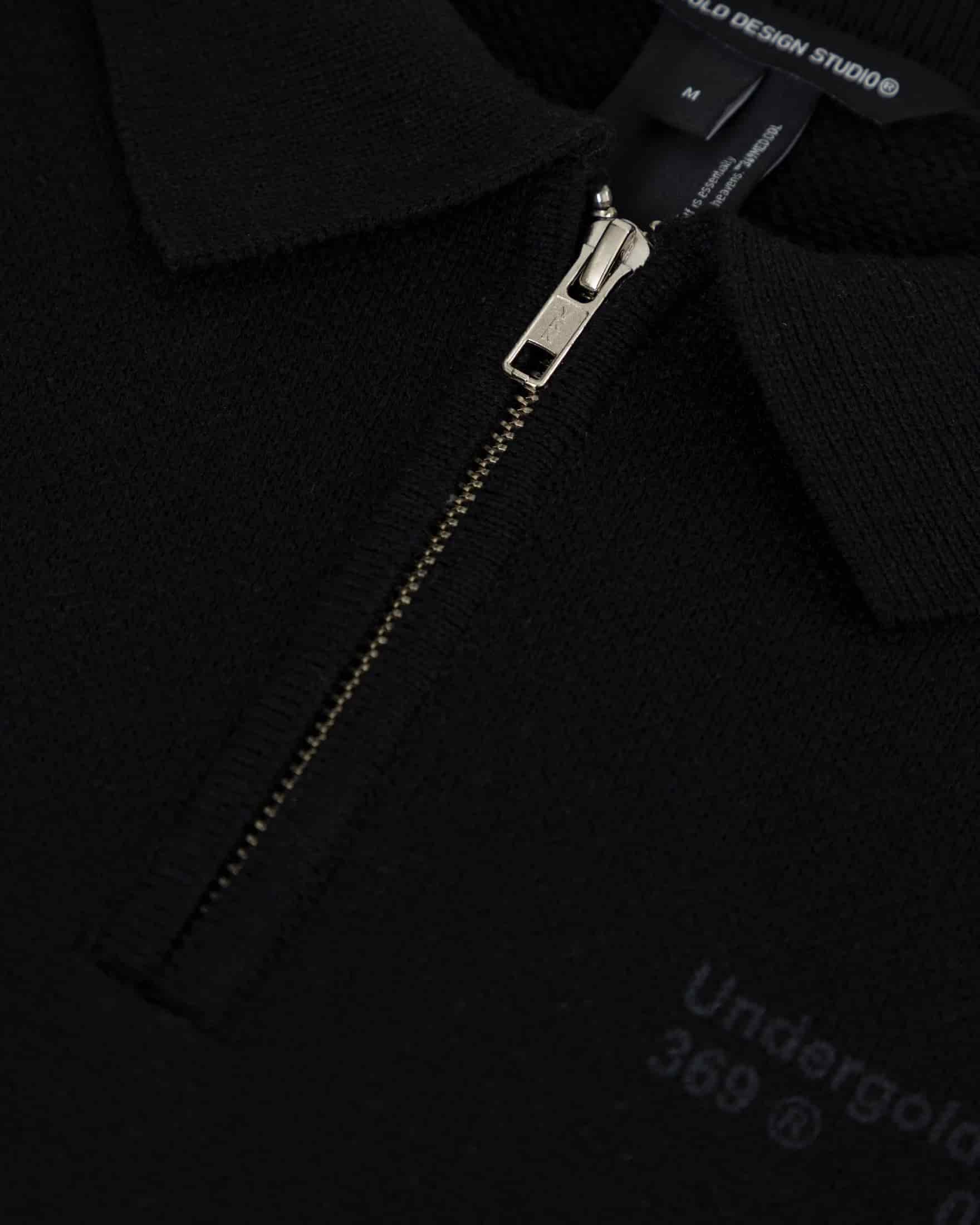 Line Knit Zip Up Long Sleeve Polo Shirt Black - miniatura 4