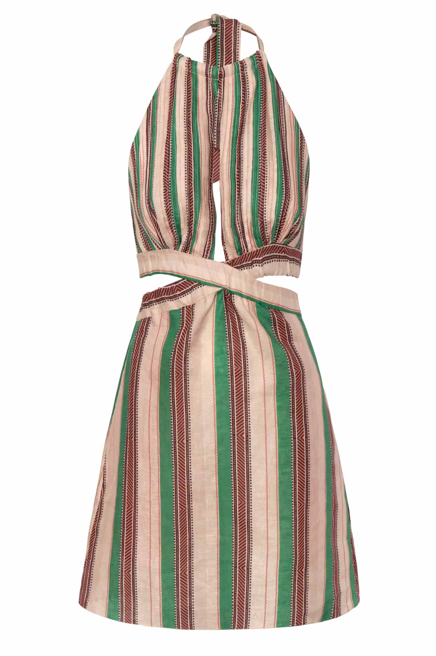 San Agustín Linen Mini Dress / Green Artisanal Stripes - miniatura 1