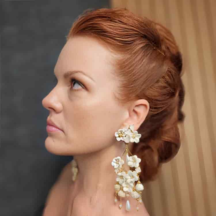 Fiber White Flower Pearl Earrings - miniatura 2