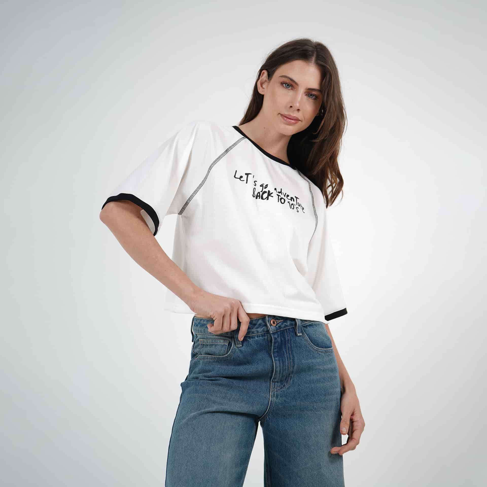 Camiseta cuello redondo manga corta ranglán estampado Le'ts go - miniatura 1