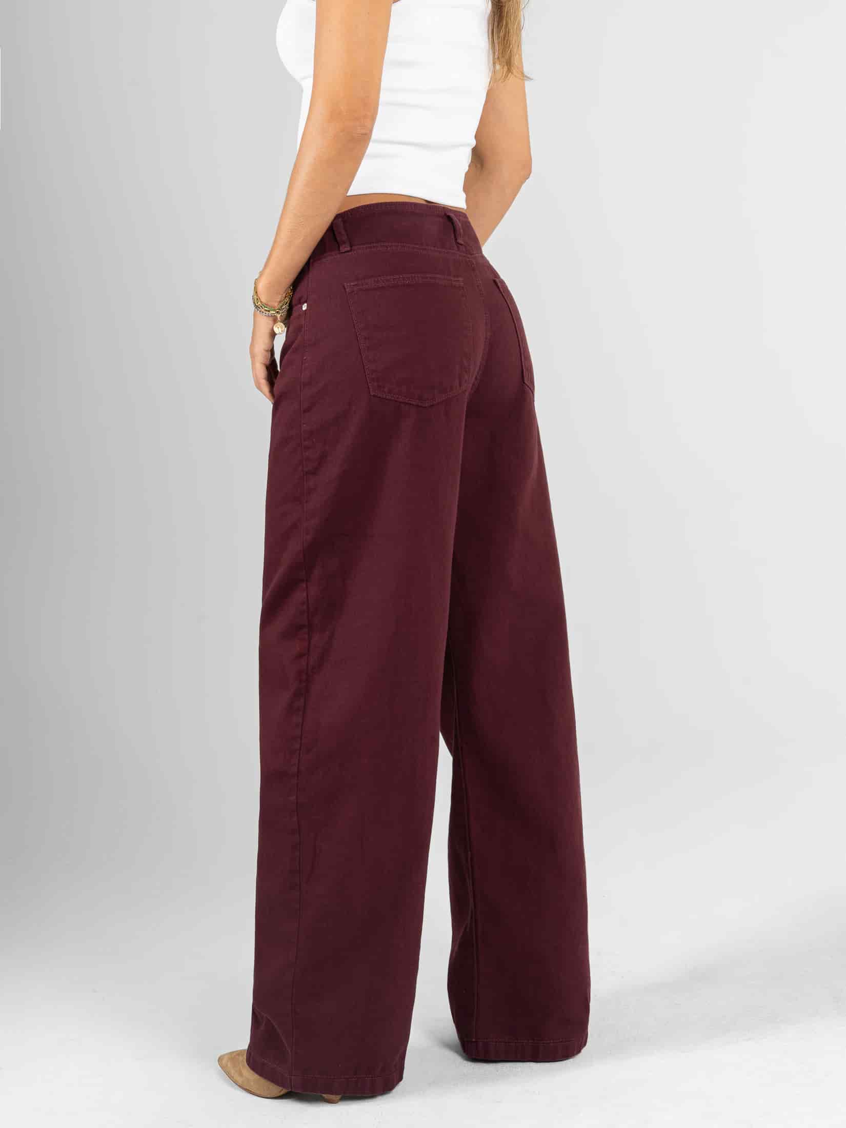 Ref: 0620563 Pantalón wide leg, rígido, tiro alto, detalle en pretina, tono vino tinto - miniatura 2