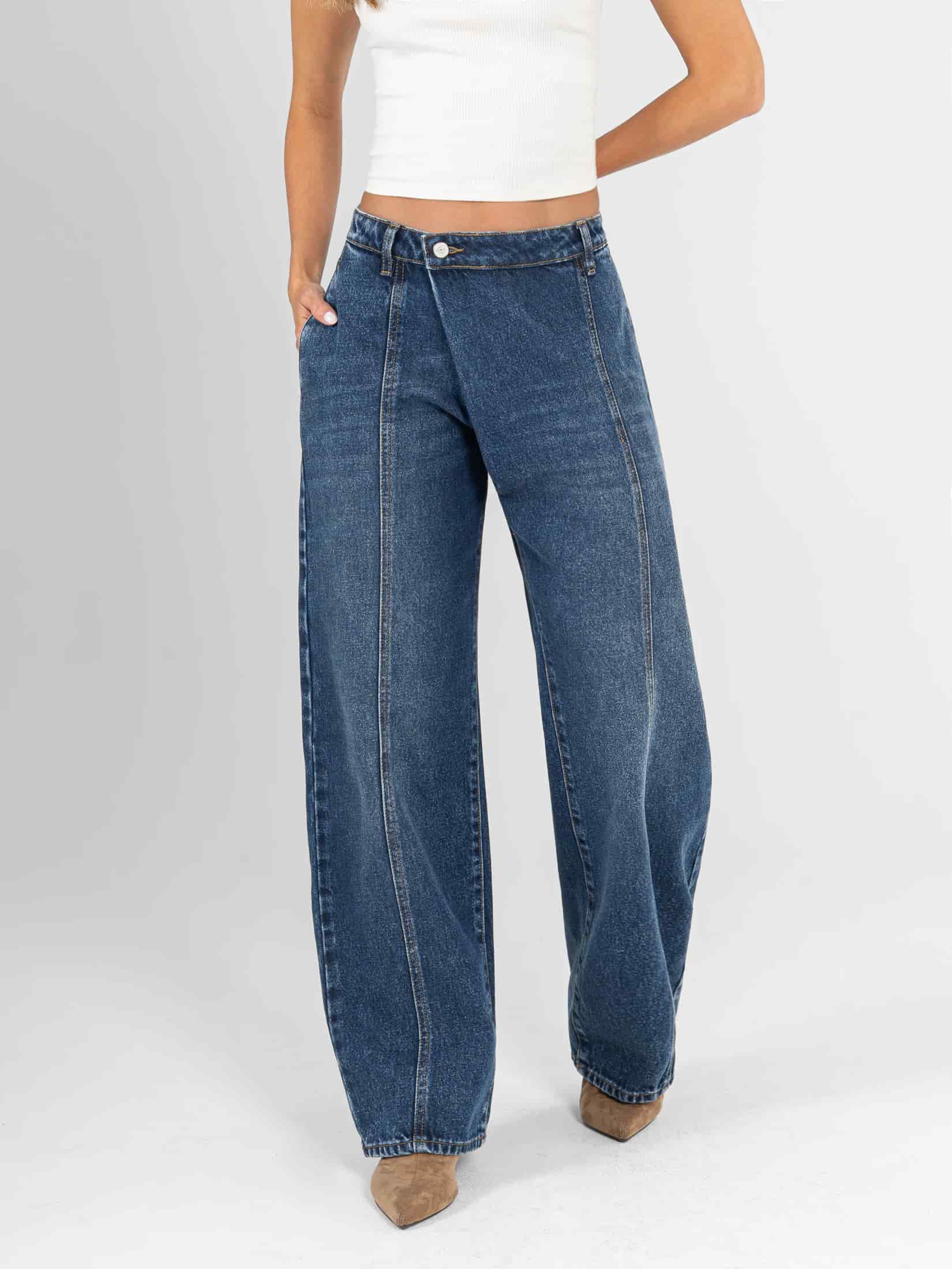 Ref: 066449 Jean wide leg, rígido, detalle delantero, tiro alto, tono azul oscuro. - miniatura 1