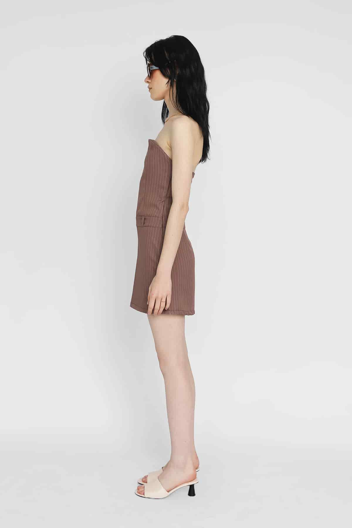 Strapless Mini Dress in Brown Pinstripe - miniatura 4