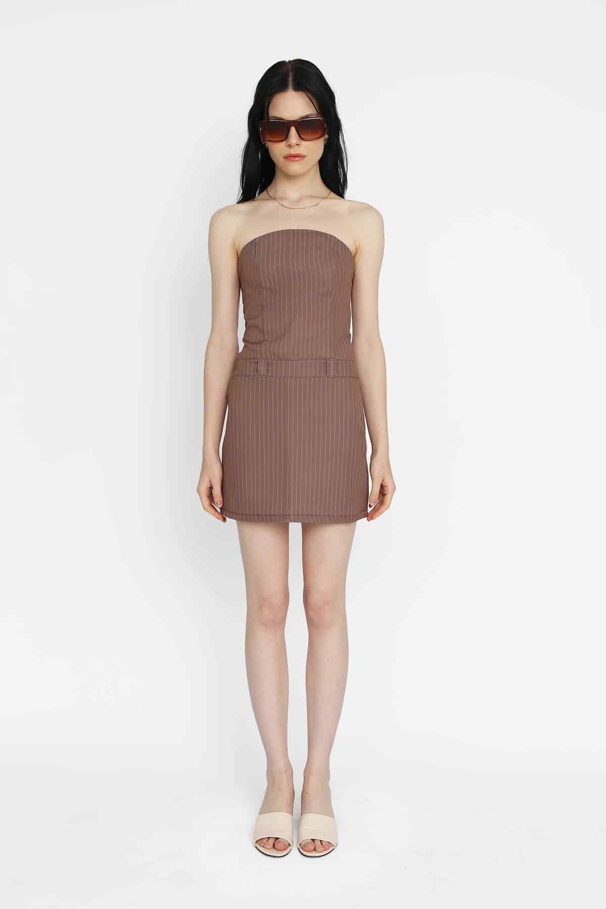 Strapless Mini Dress in Brown Pinstripe - miniatura 1
