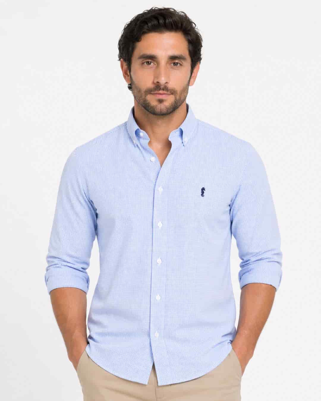 Camisa 100% Algodón Manga Larga Cuadros Azul Claro - miniatura 1