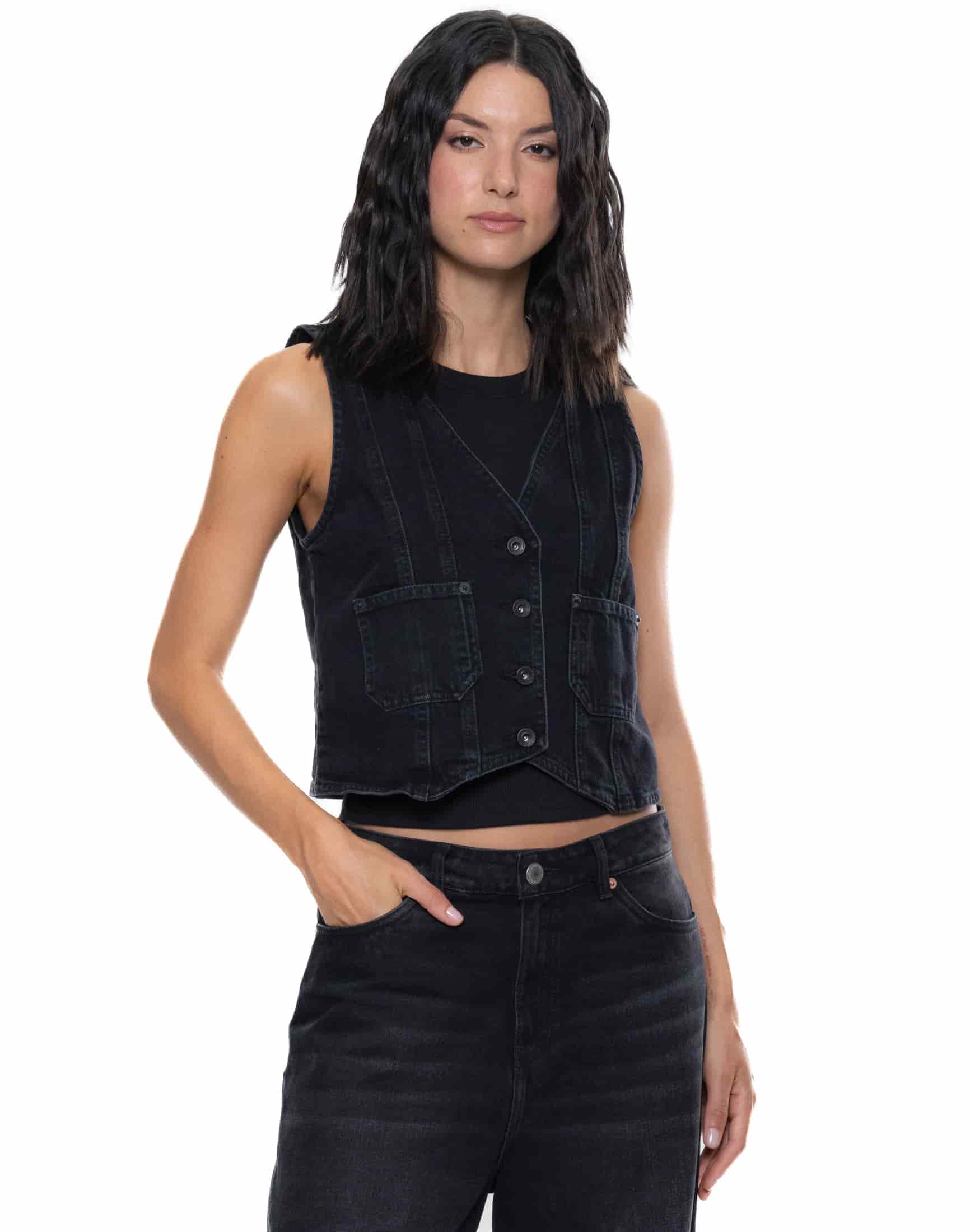 Chaleco Denim Negro Con Bolsillos - miniatura 2