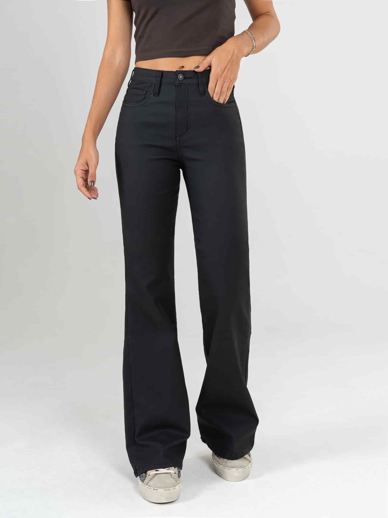 Ref: 065963 Pantalón flare stretch, bota ancha, efecto cuero, tiro alto, tono negro. - miniatura 1