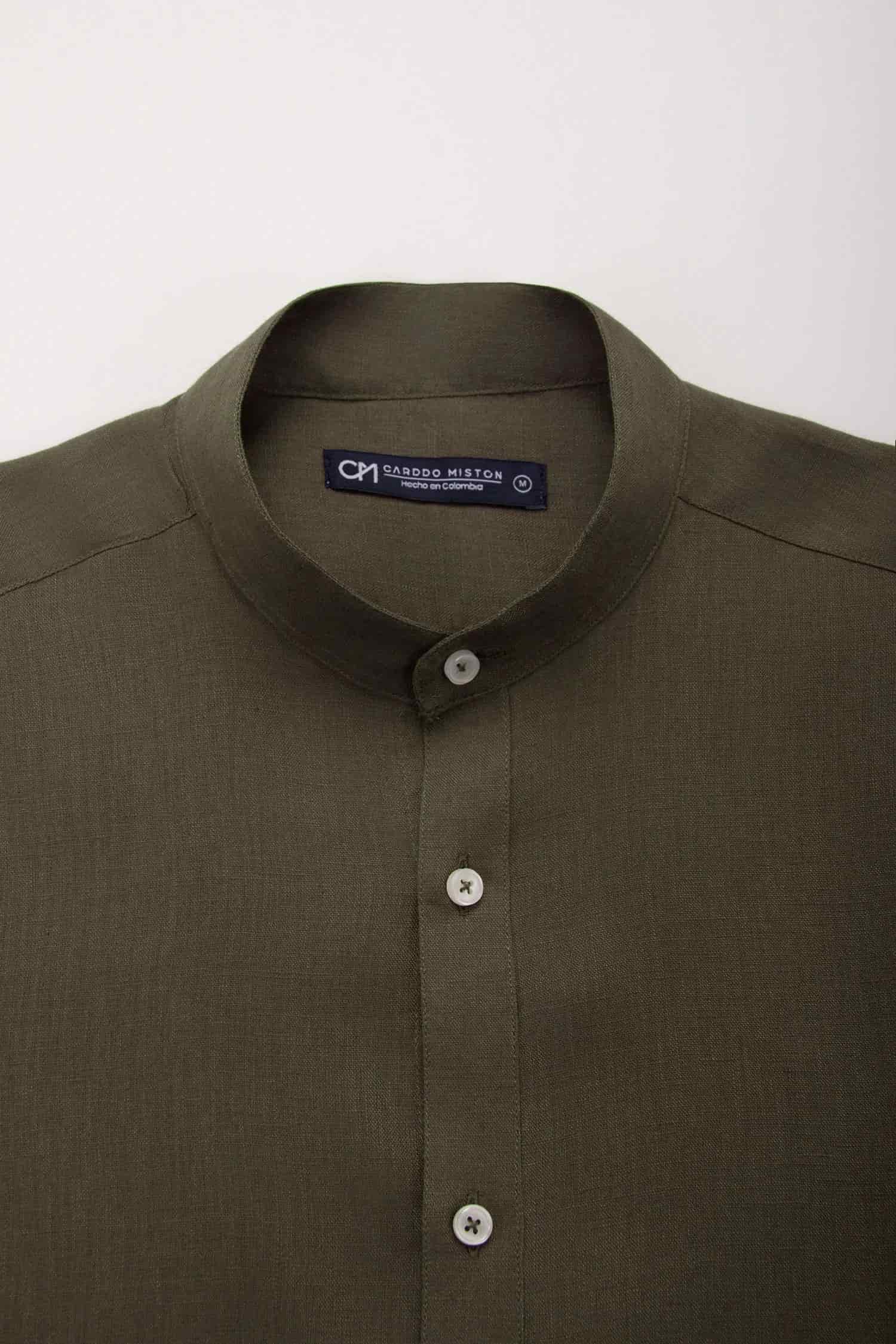 Camisa Cuello Mao Lino Verde Oliva - miniatura 2