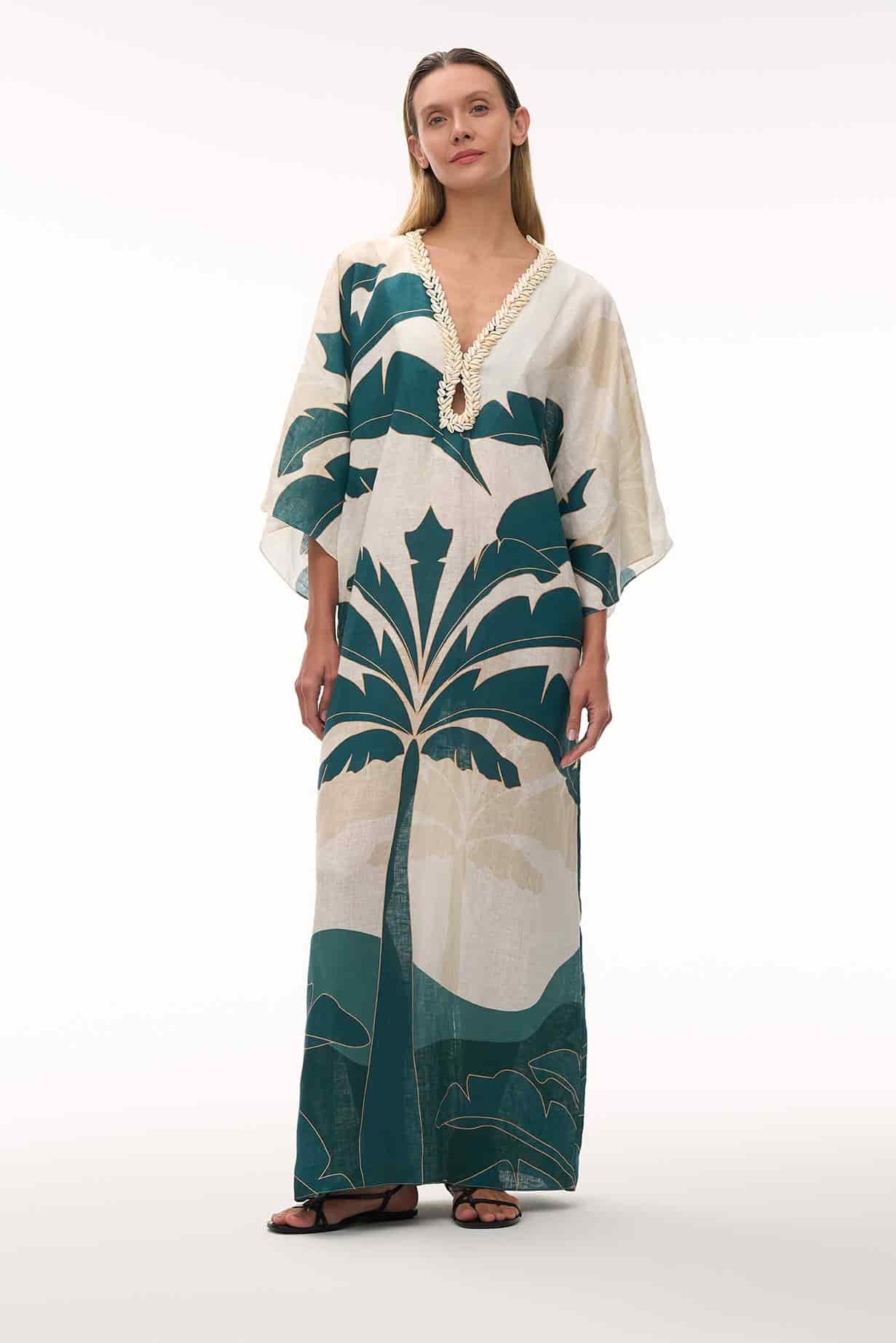 Andina Hand Embroidered Linen Tunic / Aquamarine Palms - miniatura 2
