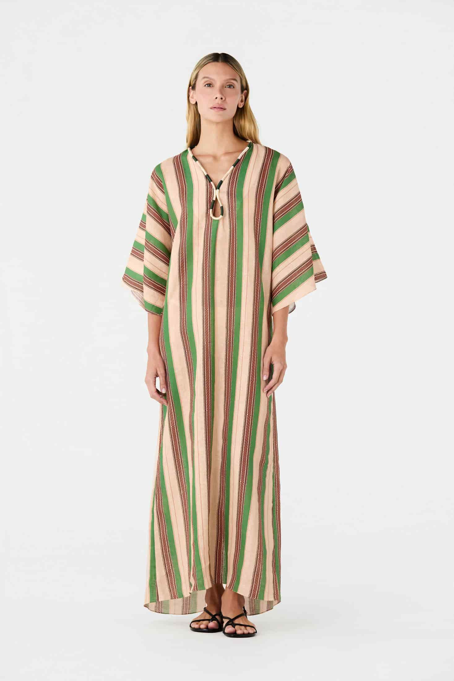 Andina Hand-Embroidered Linen Tunic / Green Artisanal Stripes - miniatura 2