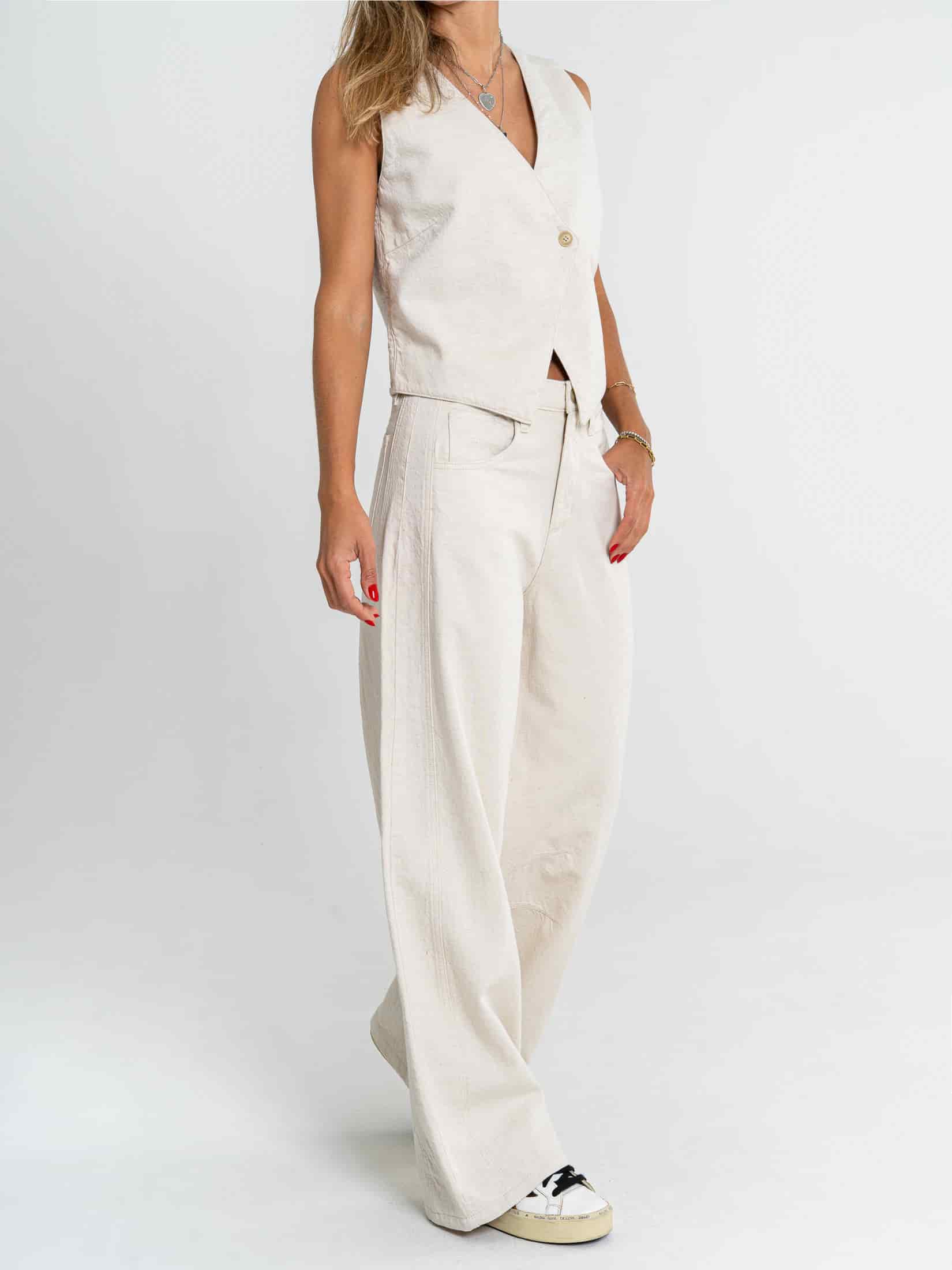Ref: 069926 Pantalón wide leg, tiro alto, tono natural, tejido plano rígido, tipo lino - miniatura 3
