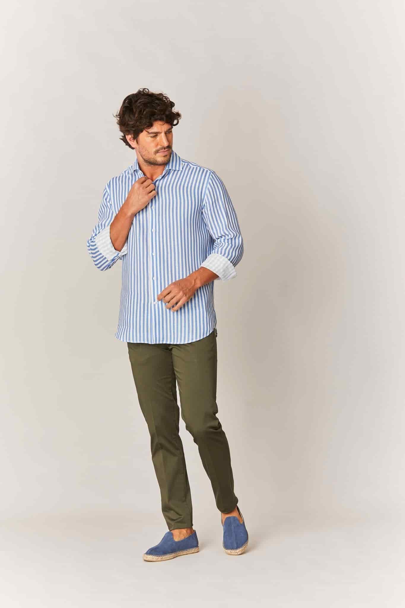 Men's linen shirt sky blue striped - miniatura 4