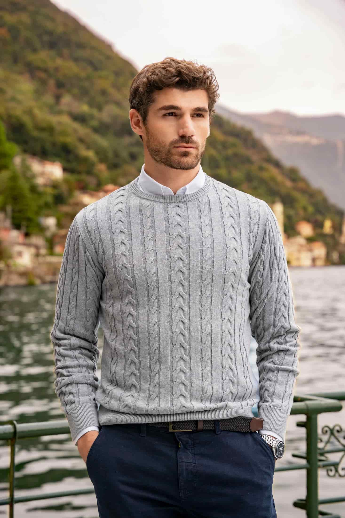 Suéter Cuello redondo Trenzado Rib Hombre Gris Claro - miniatura 1