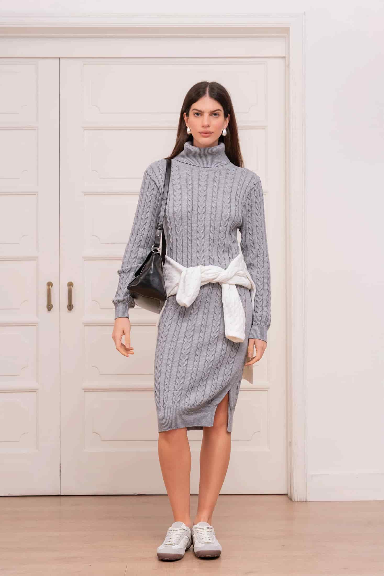 Vestido trenzado cuello tortuga Mujer Gris Claro - miniatura 3