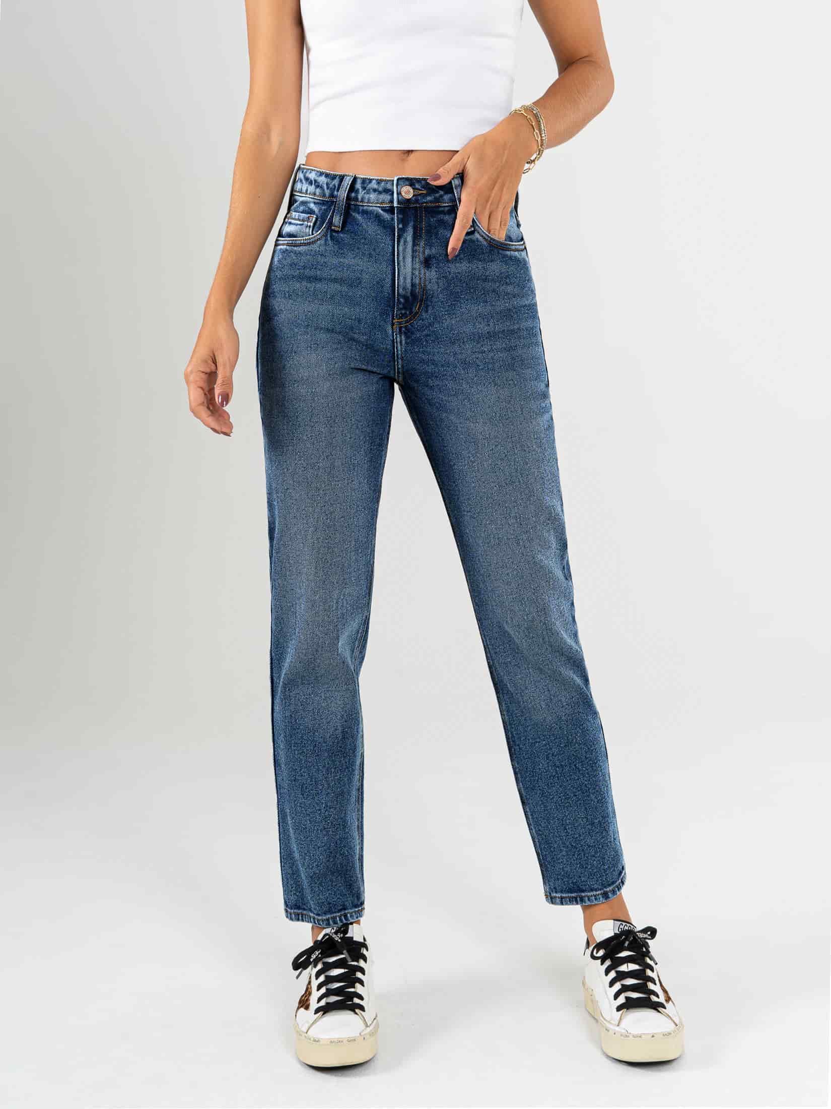 Ref: 065802 Jean Mom fit, slim cropped, stretch, tiro alto, tono azul medio oscuro - miniatura 1