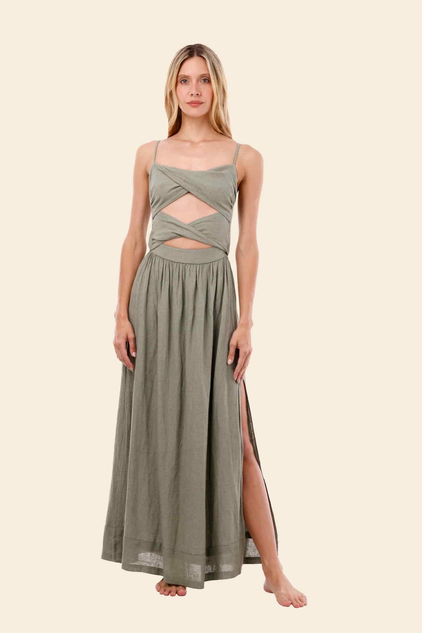 Serenity Green Linen Wavelet Dress - miniatura 2