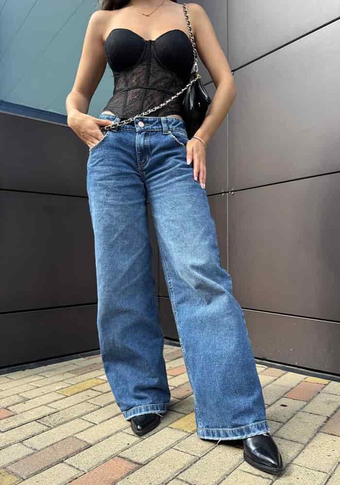 Jean Rígido Wide Leg Baggy para Mujer Tono Azul Medio Oscuro Tiro Bajo - miniatura 9